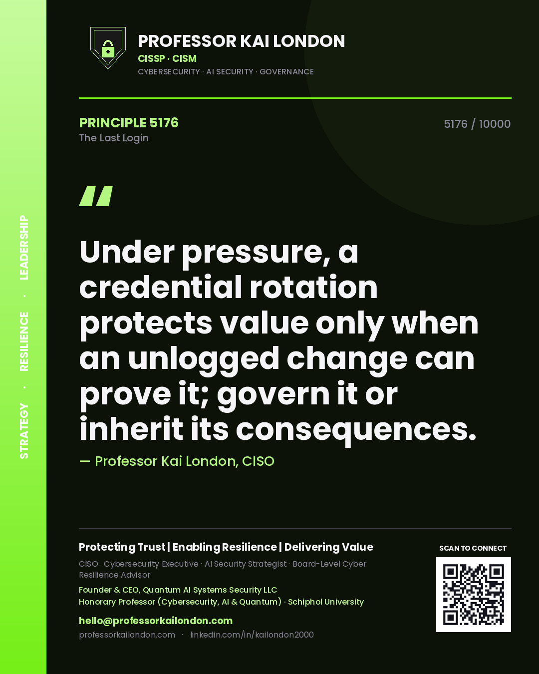Professor Kai London principle 5176: Under pressure, a credential rotation protects value only when an unlogged change can prove it; govern it or inherit its consequences.