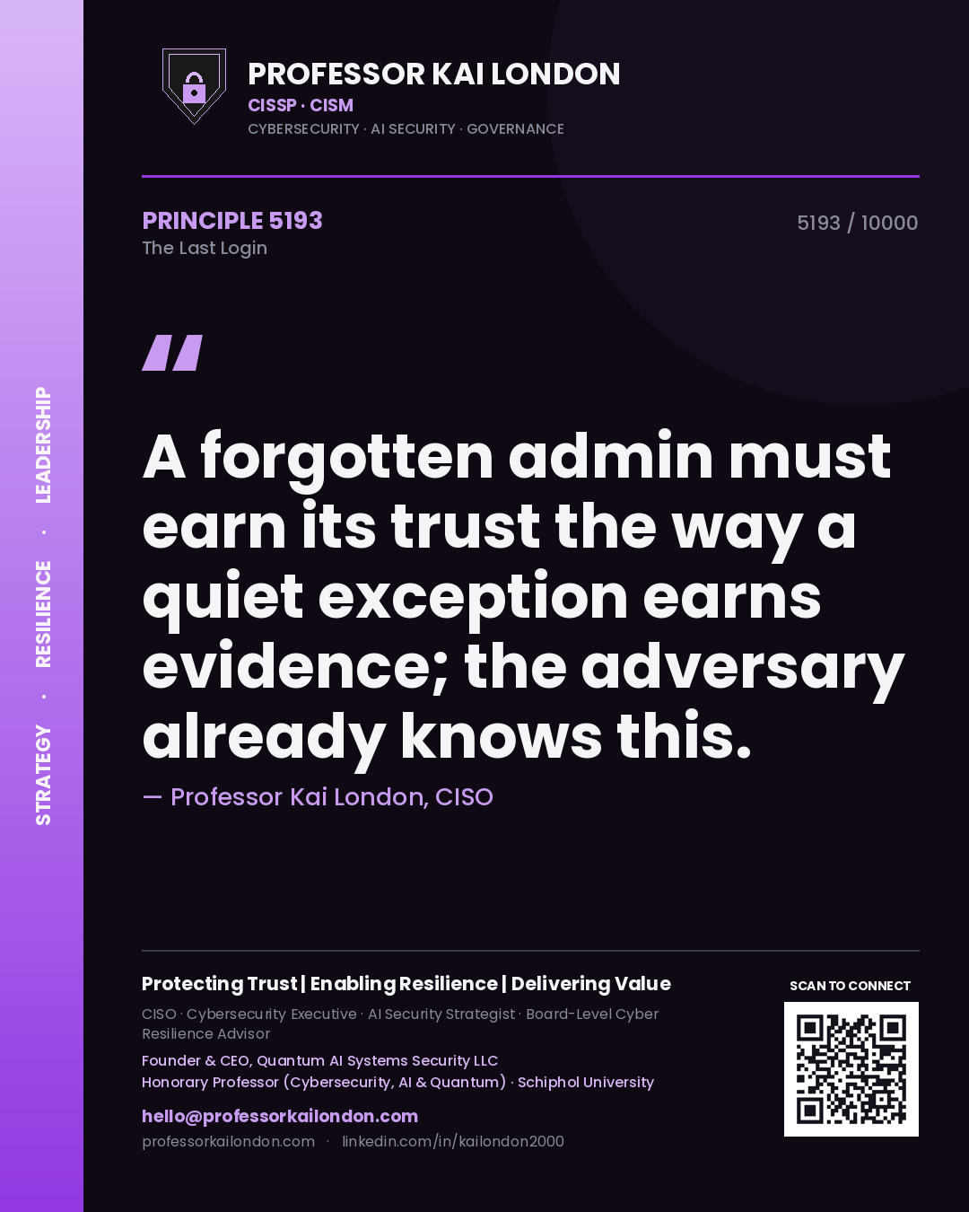 Professor Kai London principle 5193: A forgotten admin must earn its trust the way a quiet exception earns evidence; the adversary already knows this.
