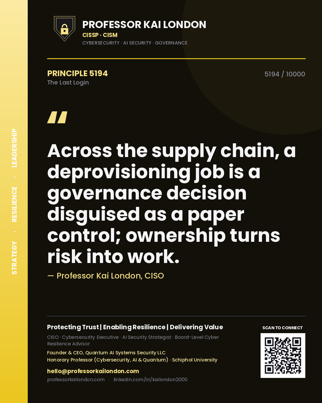 Quote card by Professor Kai London reading 'Across the supply chain, a deprovisioning job is a governance decision disguised as a paper control; ownership turns risk into work.'. From the book The Last Login.