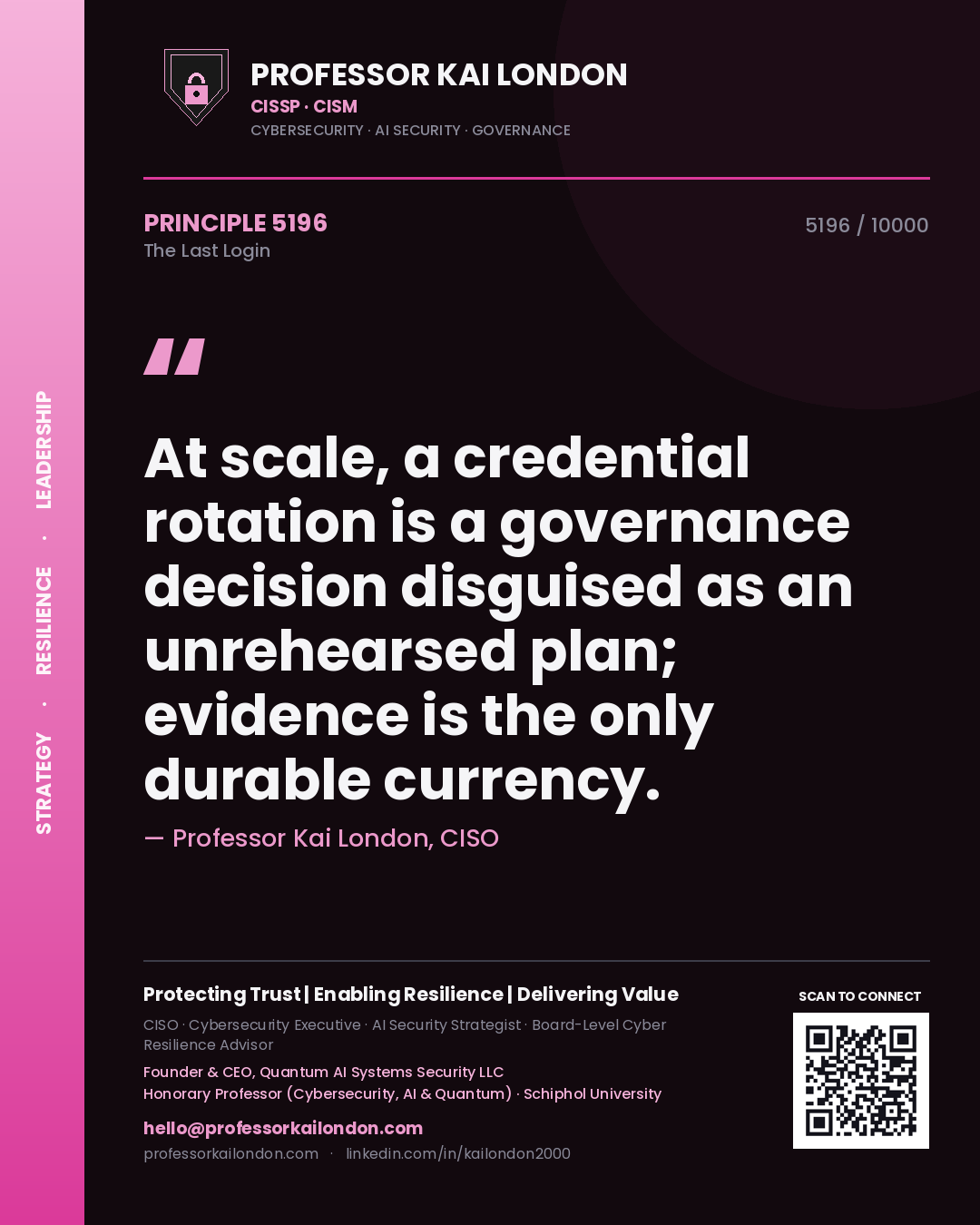 Professor Kai London principle 5196: At scale, a credential rotation is a governance decision disguised as an unrehearsed plan; evidence is the only durable currency.