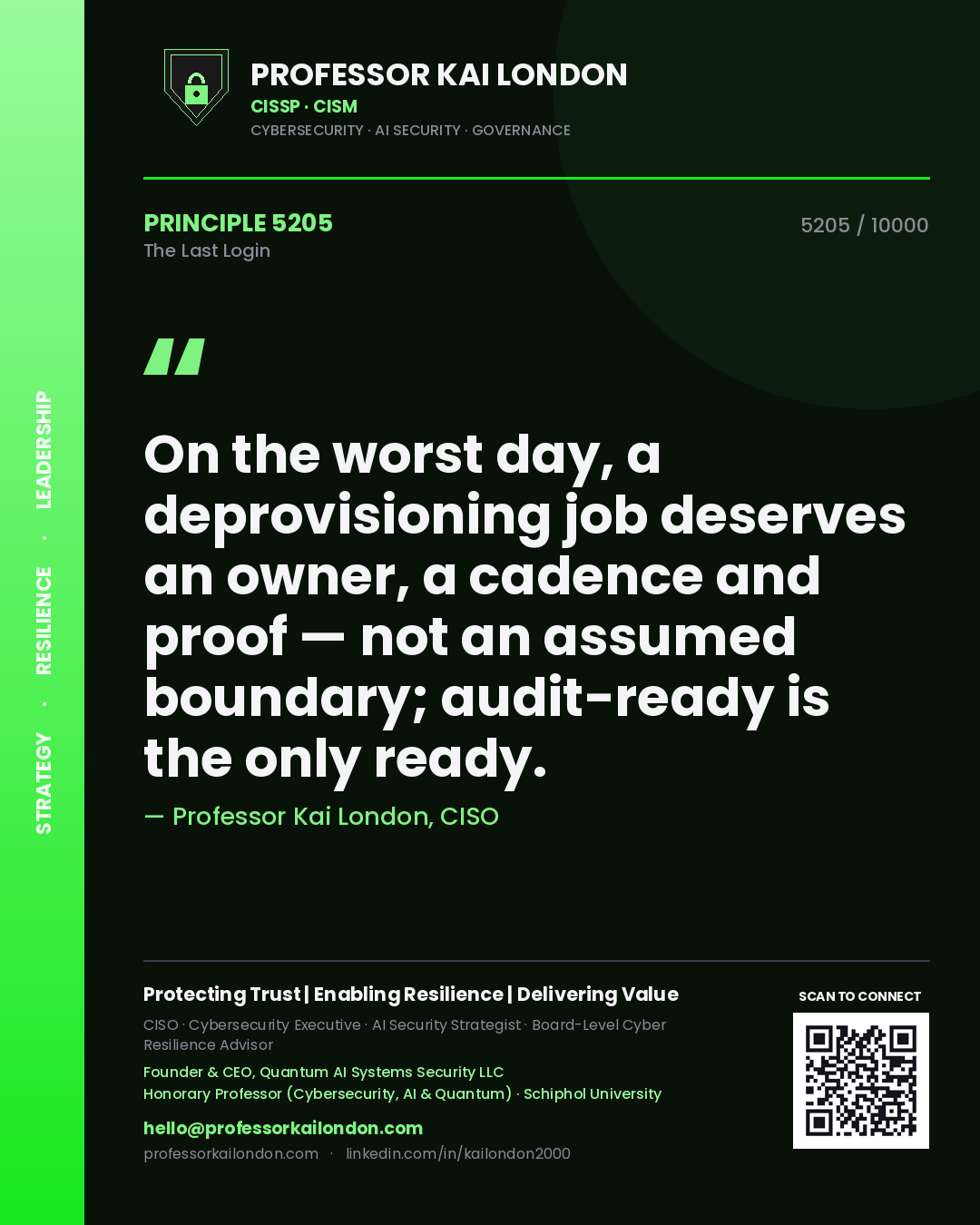 Quote card by Professor Kai London reading 'On the worst day, a deprovisioning job deserves an owner, a cadence and proof — not an assumed boundary; audit-ready is the only ready.'. From the book The Last Login.