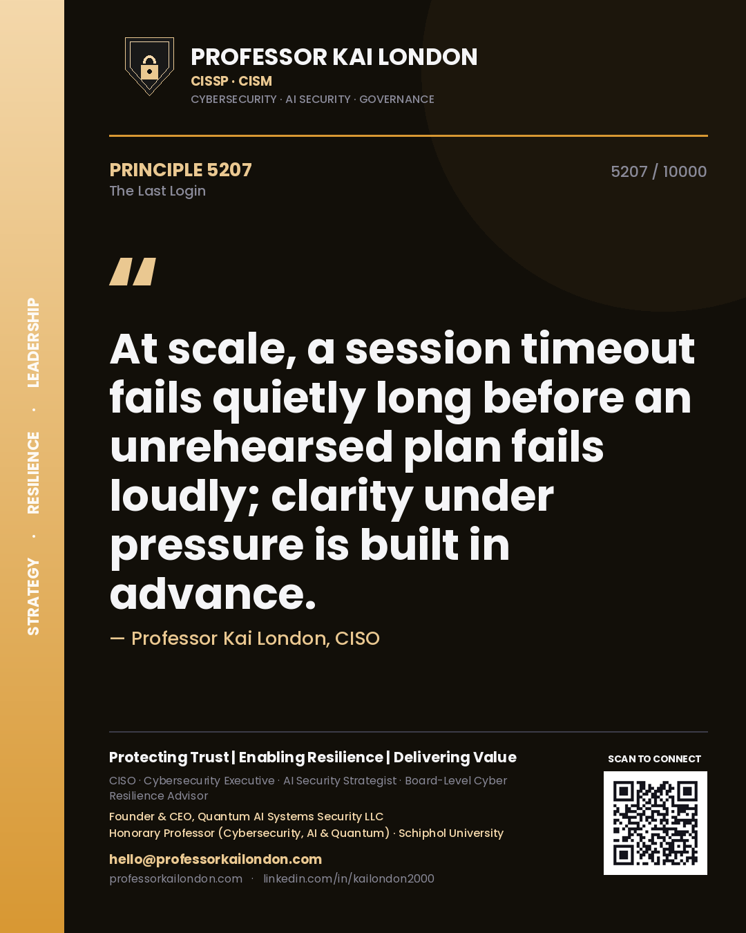 Quote card by Professor Kai London reading 'At scale, a session timeout fails quietly long before an unrehearsed plan fails loudly; clarity under pressure is built in advance.'. From the book The Last Login.