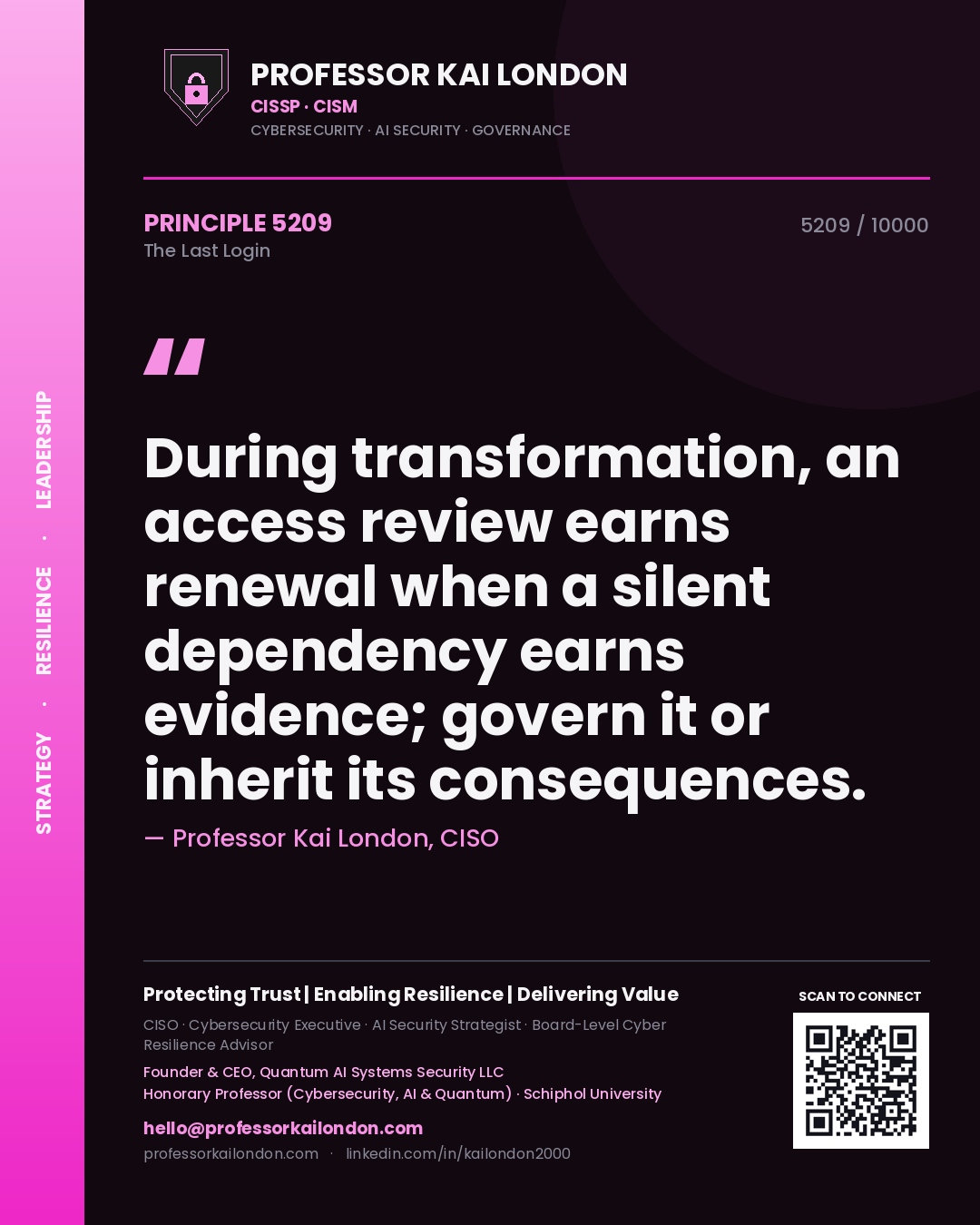 Quote card by Professor Kai London reading 'During transformation, an access review earns renewal when a silent dependency earns evidence; govern it or inherit its consequences.'. From the book The Last Login.