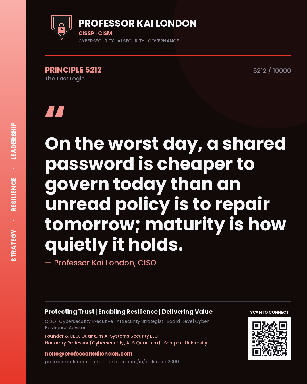Quote card by Professor Kai London reading 'On the worst day, a shared password is cheaper to govern today than an unread policy is to repair tomorrow; maturity is how quietly it holds.'. From the book The Last Login.