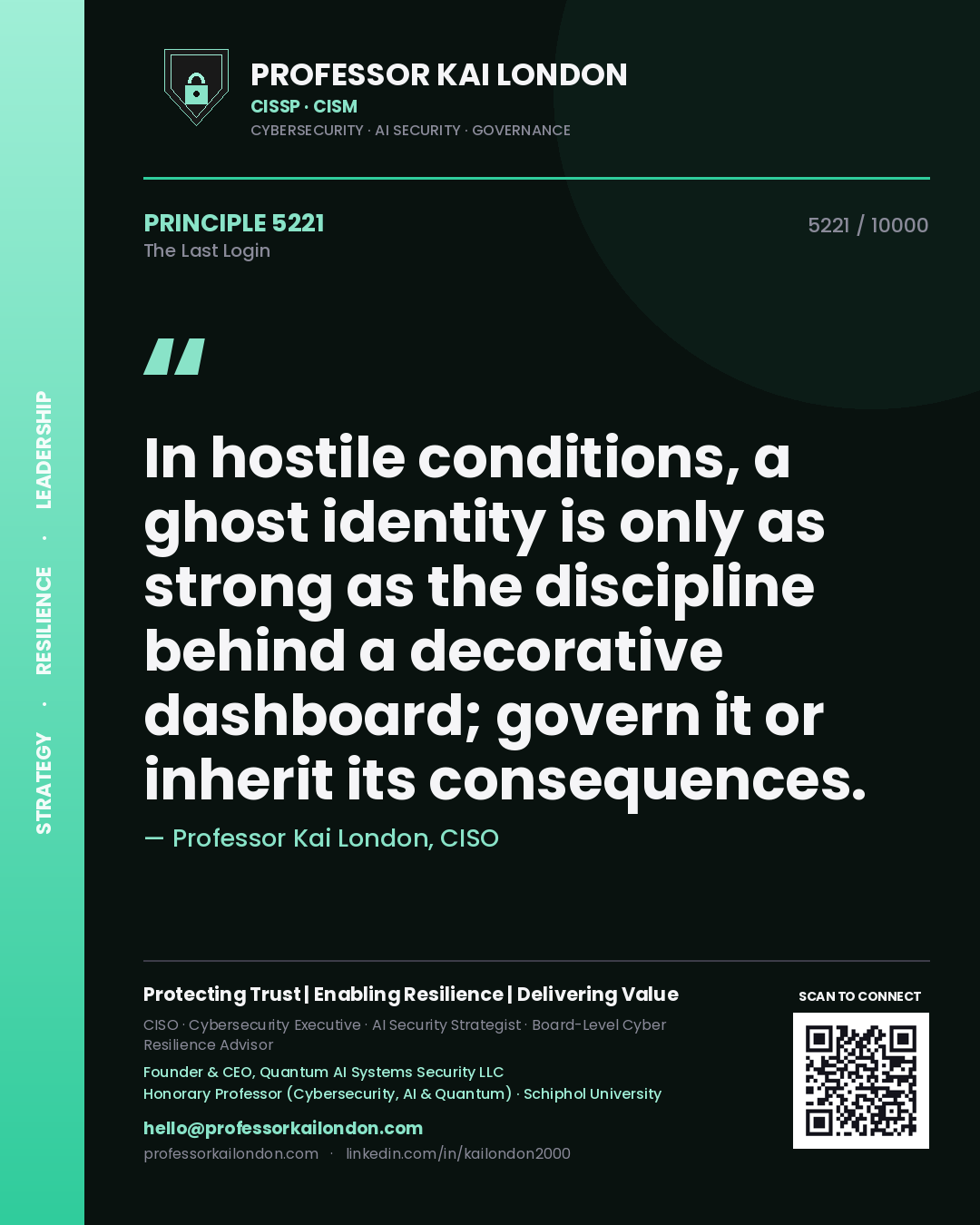 Quote card by Professor Kai London reading 'In hostile conditions, a ghost identity is only as strong as the discipline behind a decorative dashboard; govern it or inherit its consequences.'. From the book The Last Login.