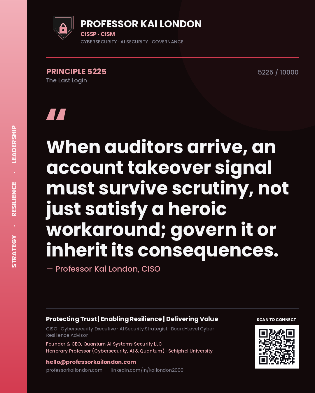 Quote card by Professor Kai London reading 'When auditors arrive, an account takeover signal must survive scrutiny, not just satisfy a heroic workaround; govern it or inherit its consequences.'. From the book The Last Login.