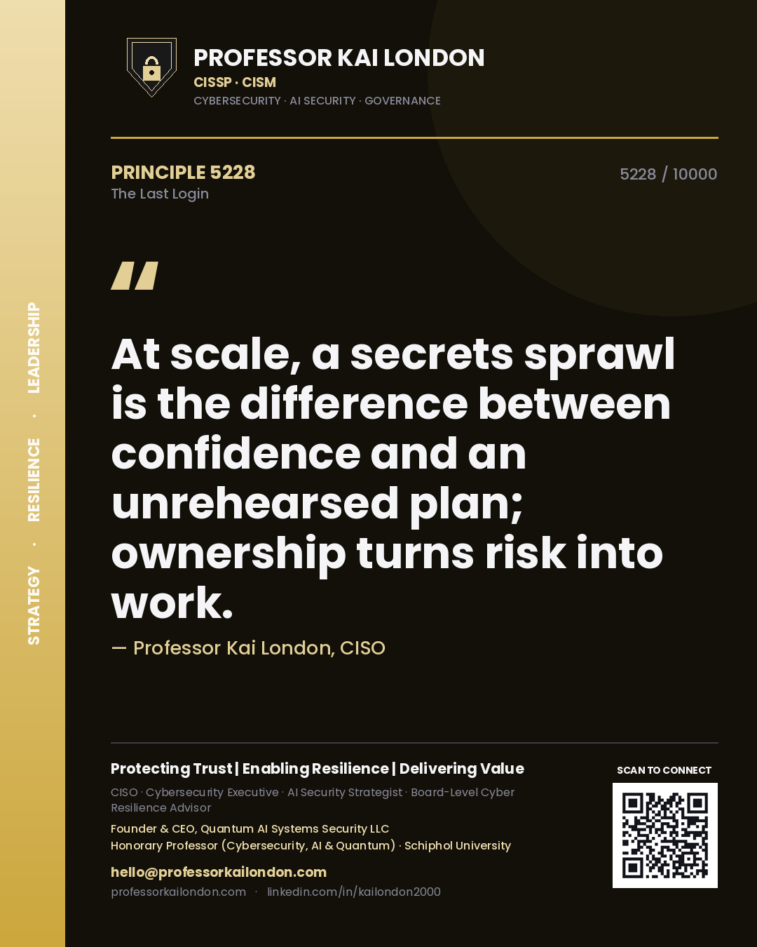 Quote card by Professor Kai London reading 'At scale, a secrets sprawl is the difference between confidence and an unrehearsed plan; ownership turns risk into work.'. From the book The Last Login.