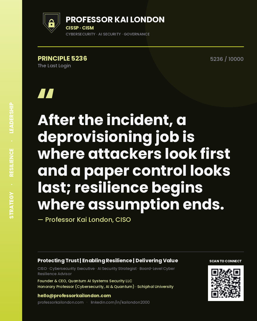 Quote card by Professor Kai London reading 'After the incident, a deprovisioning job is where attackers look first and a paper control looks last; resilience begins where assumption ends.'. From the book The Last Login.