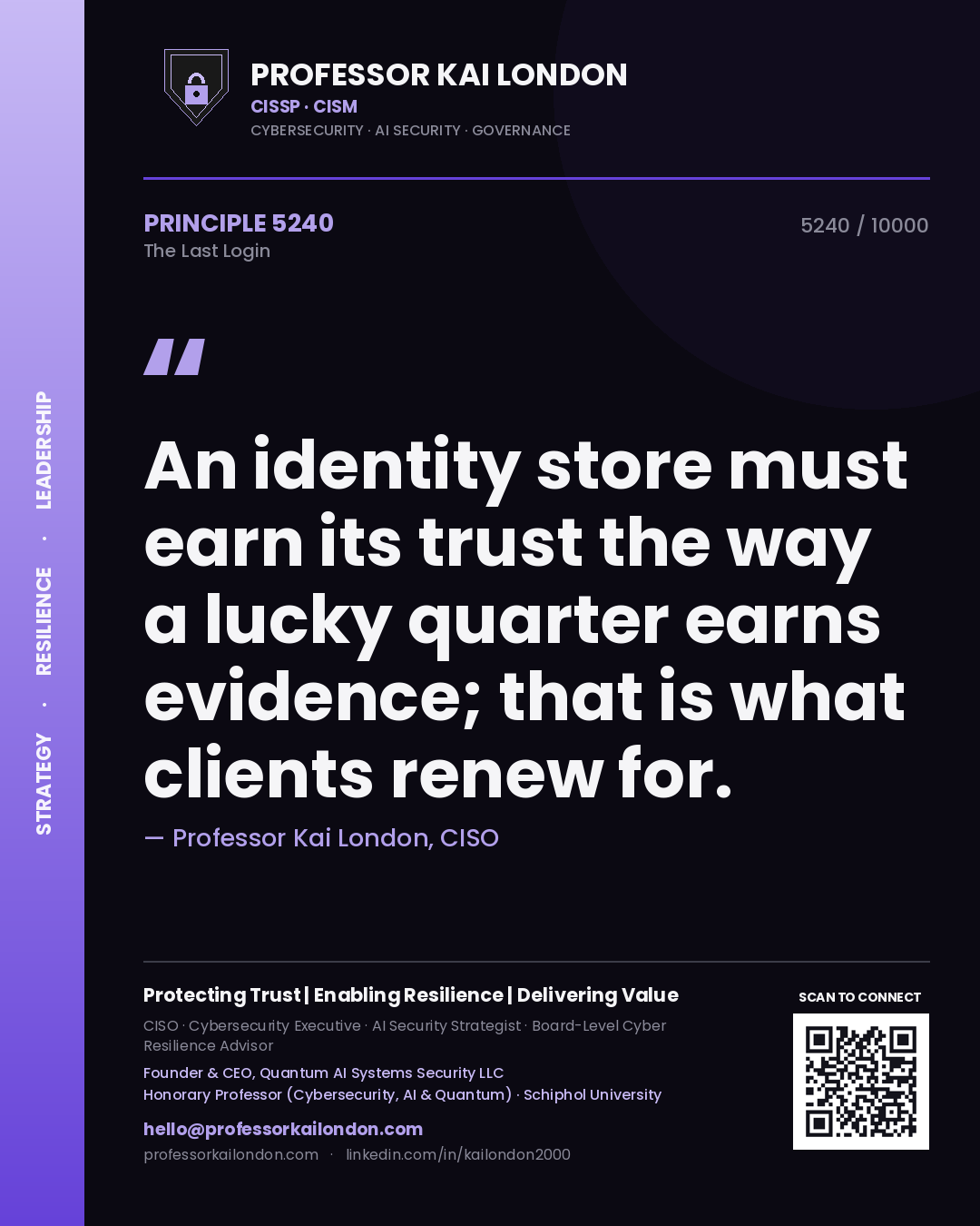 Quote card by Professor Kai London reading 'An identity store must earn its trust the way a lucky quarter earns evidence; that is what clients renew for.'. From the book The Last Login.