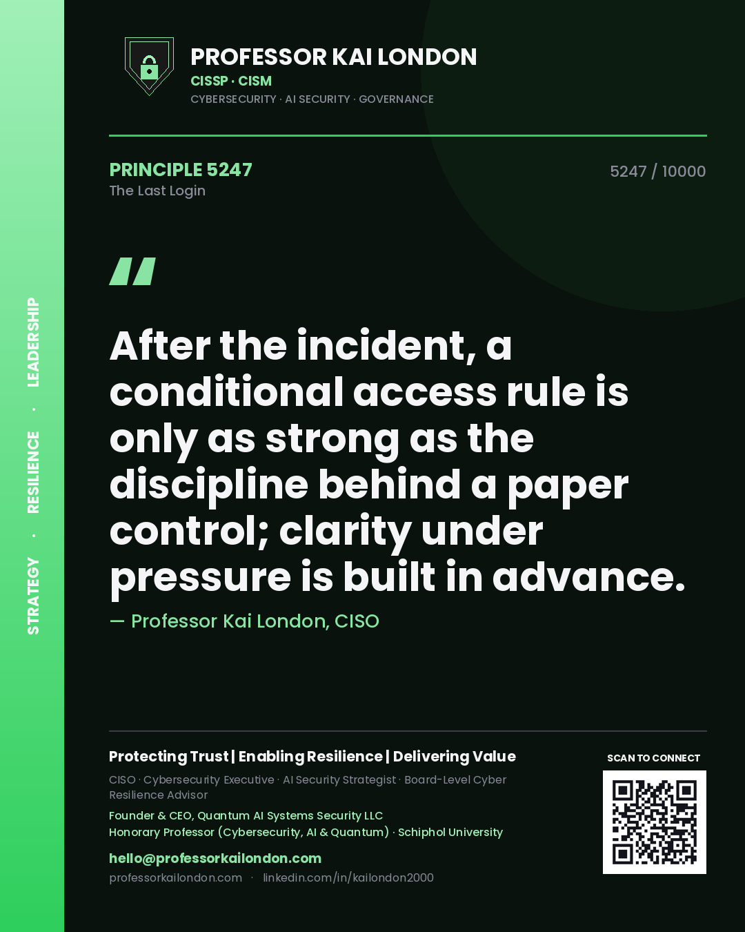 Quote card by Professor Kai London reading 'After the incident, a conditional access rule is only as strong as the discipline behind a paper control; clarity under pressure is built in advance.'. From the book The Last Login.