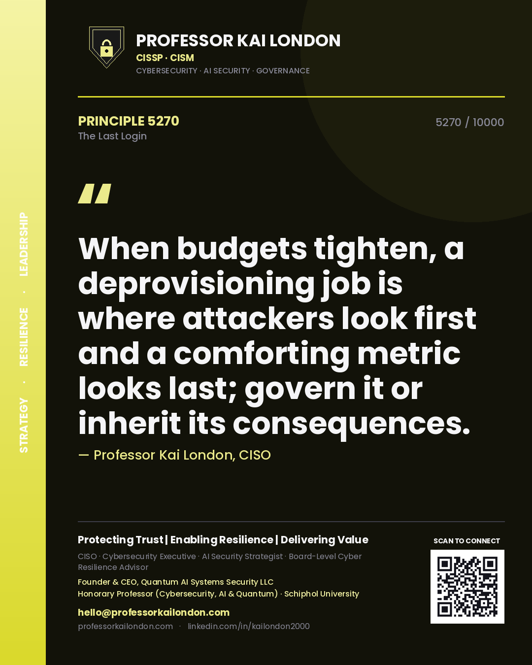 Quote card by Professor Kai London reading 'When budgets tighten, a deprovisioning job is where attackers look first and a comforting metric looks last; govern it or inherit its consequences.'. From the book The Last Login.