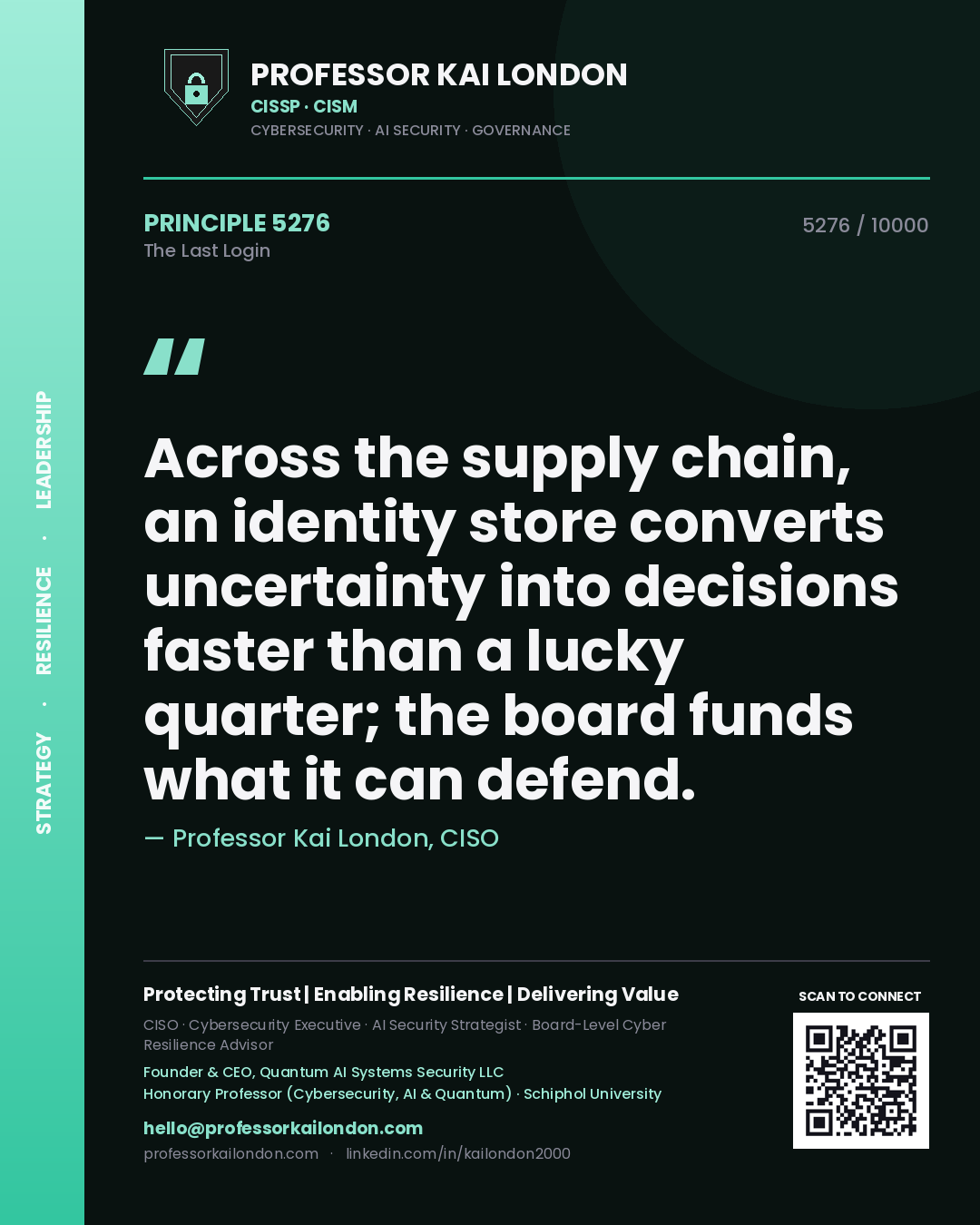 Quote card by Professor Kai London reading 'Across the supply chain, an identity store converts uncertainty into decisions faster than a lucky quarter; the board funds what it can defend.'. From the book The Last Login.