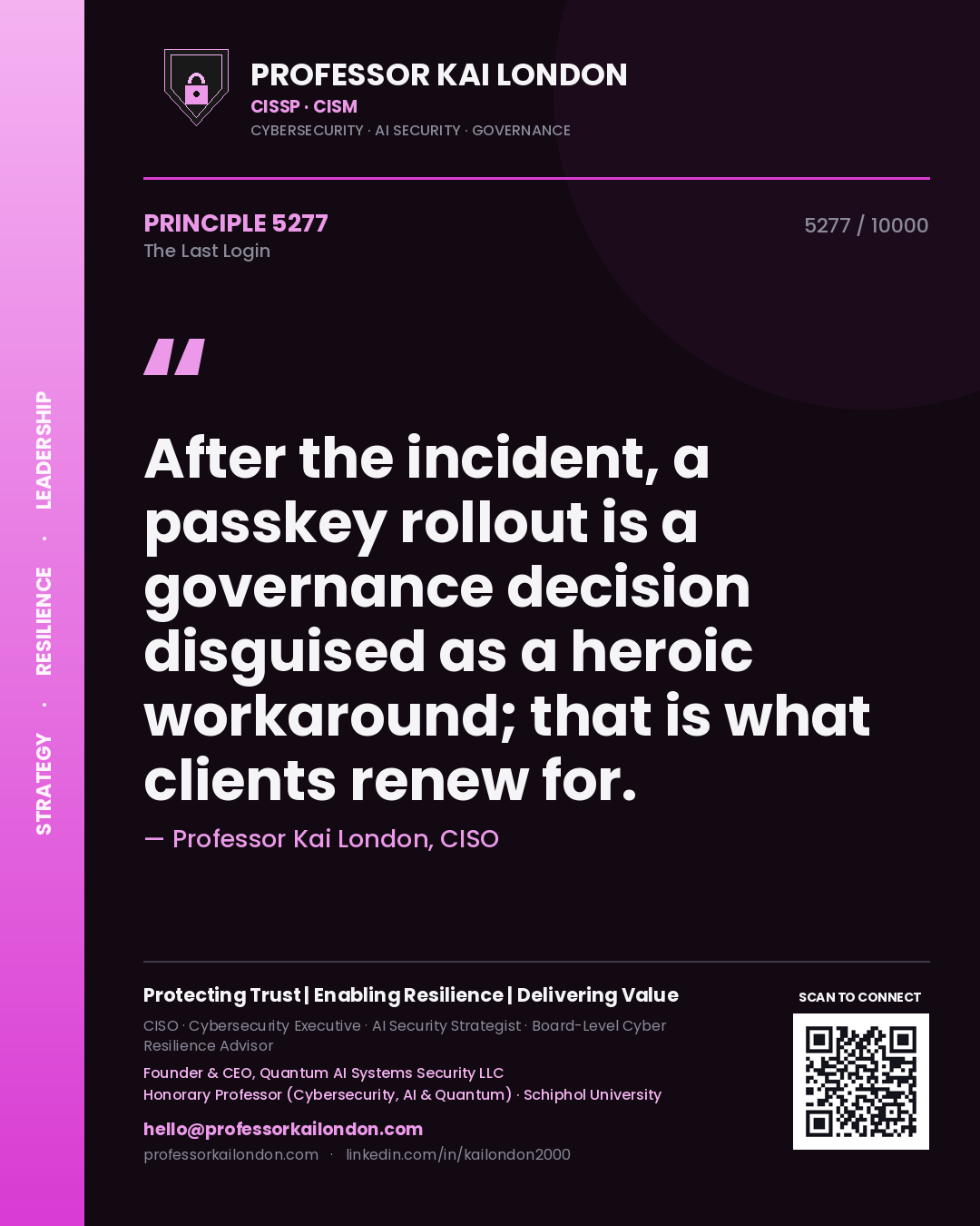 Quote card by Professor Kai London reading 'After the incident, a passkey rollout is a governance decision disguised as a heroic workaround; that is what clients renew for.'. From the book The Last Login.