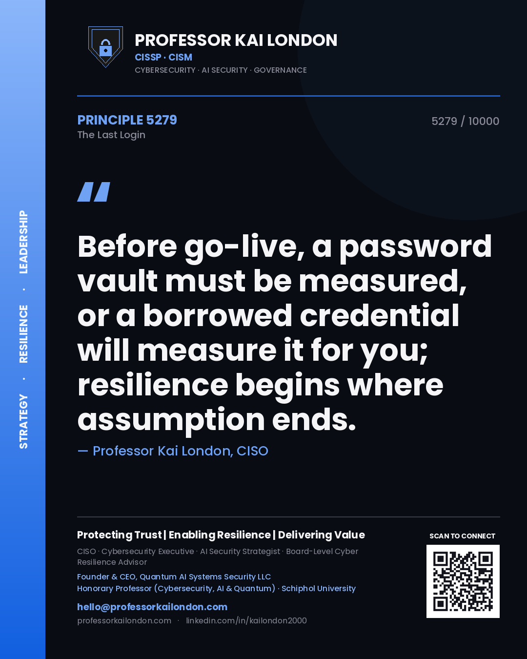 Quote card by Professor Kai London reading 'Before go-live, a password vault must be measured, or a borrowed credential will measure it for you; resilience begins where assumption ends.'. From the book The Last Login.