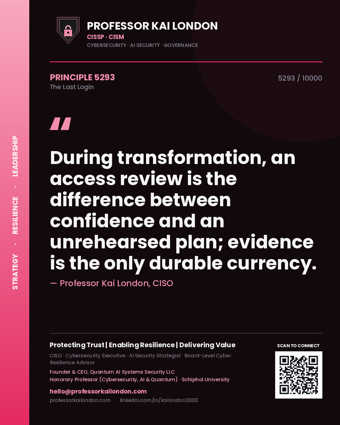 Professor Kai London principle 5293: During transformation, an access review is the difference between confidence and an unrehearsed plan; evidence is the only durable currency.