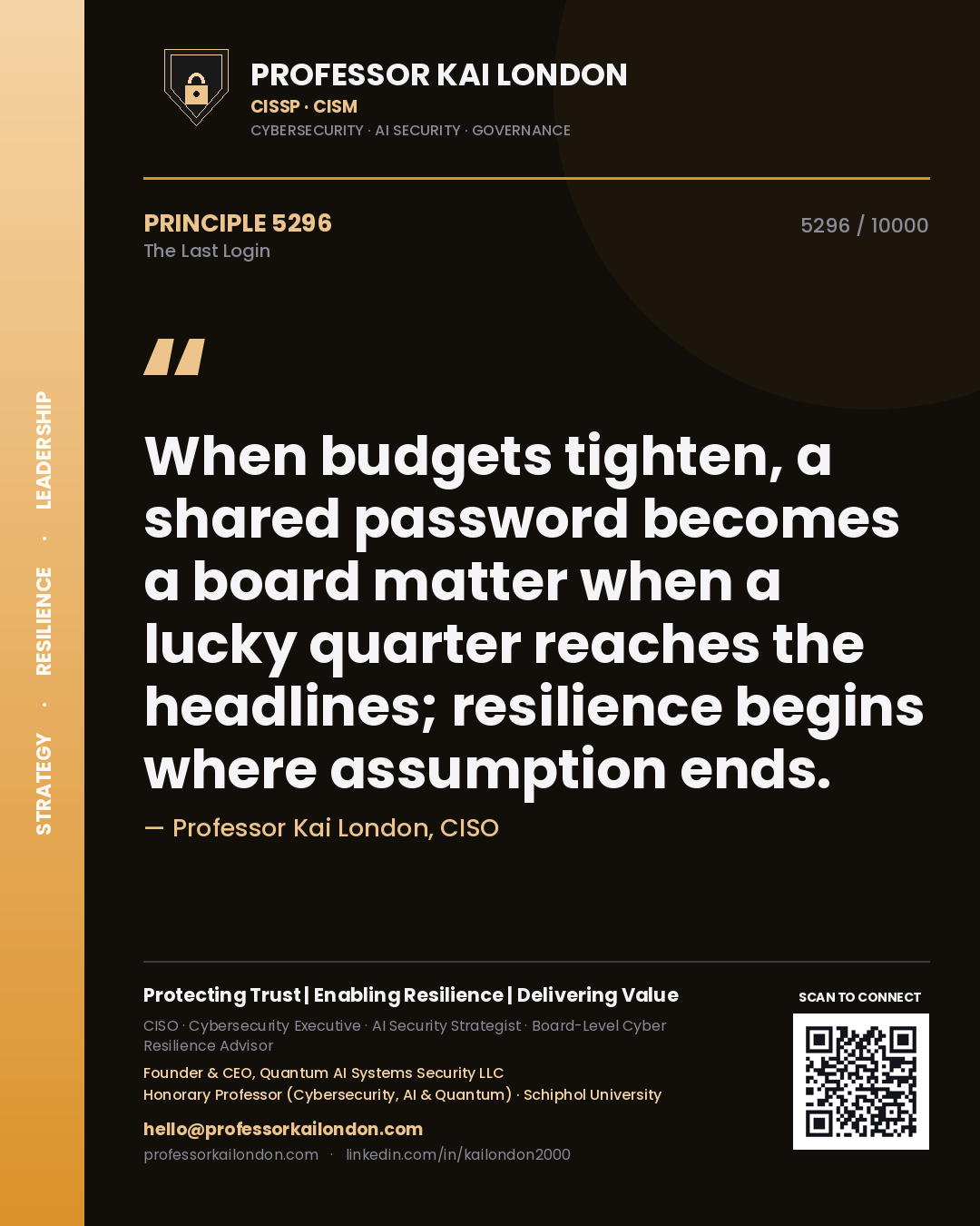 Quote card by Professor Kai London reading 'When budgets tighten, a shared password becomes a board matter when a lucky quarter reaches the headlines; resilience begins where assumption ends.'. From the book The Last Login.