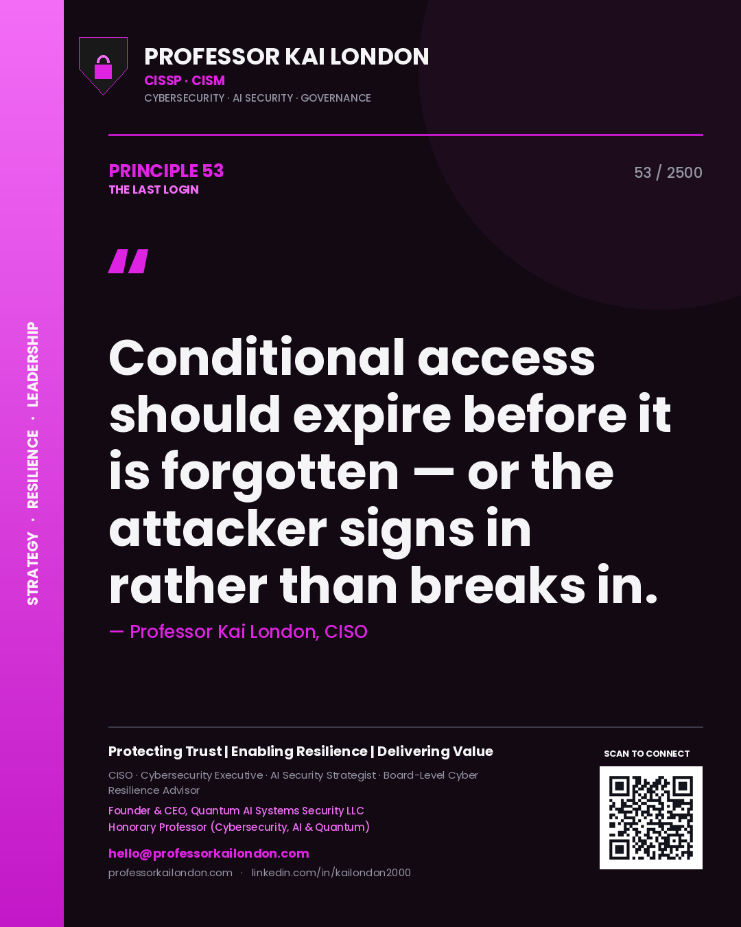 Quote card by Professor Kai London reading 'Conditional access should expire before it is forgotten — or the attacker signs in rather than breaks in.'. From the book The Last Login.