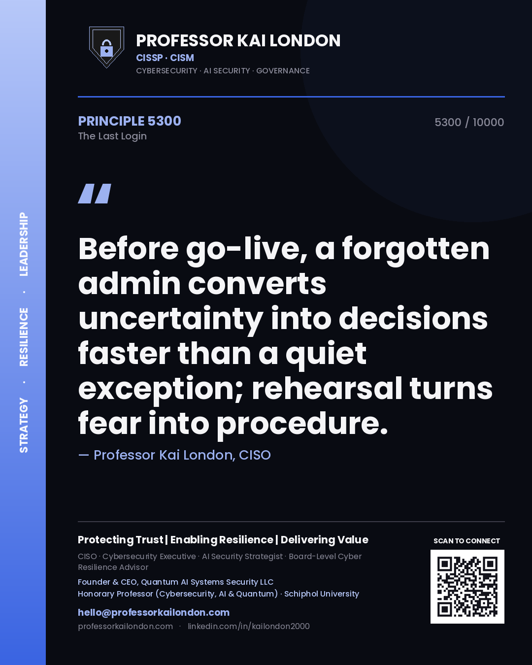 Quote card by Professor Kai London reading 'Before go-live, a forgotten admin converts uncertainty into decisions faster than a quiet exception; rehearsal turns fear into procedure.'. From the book The Last Login.