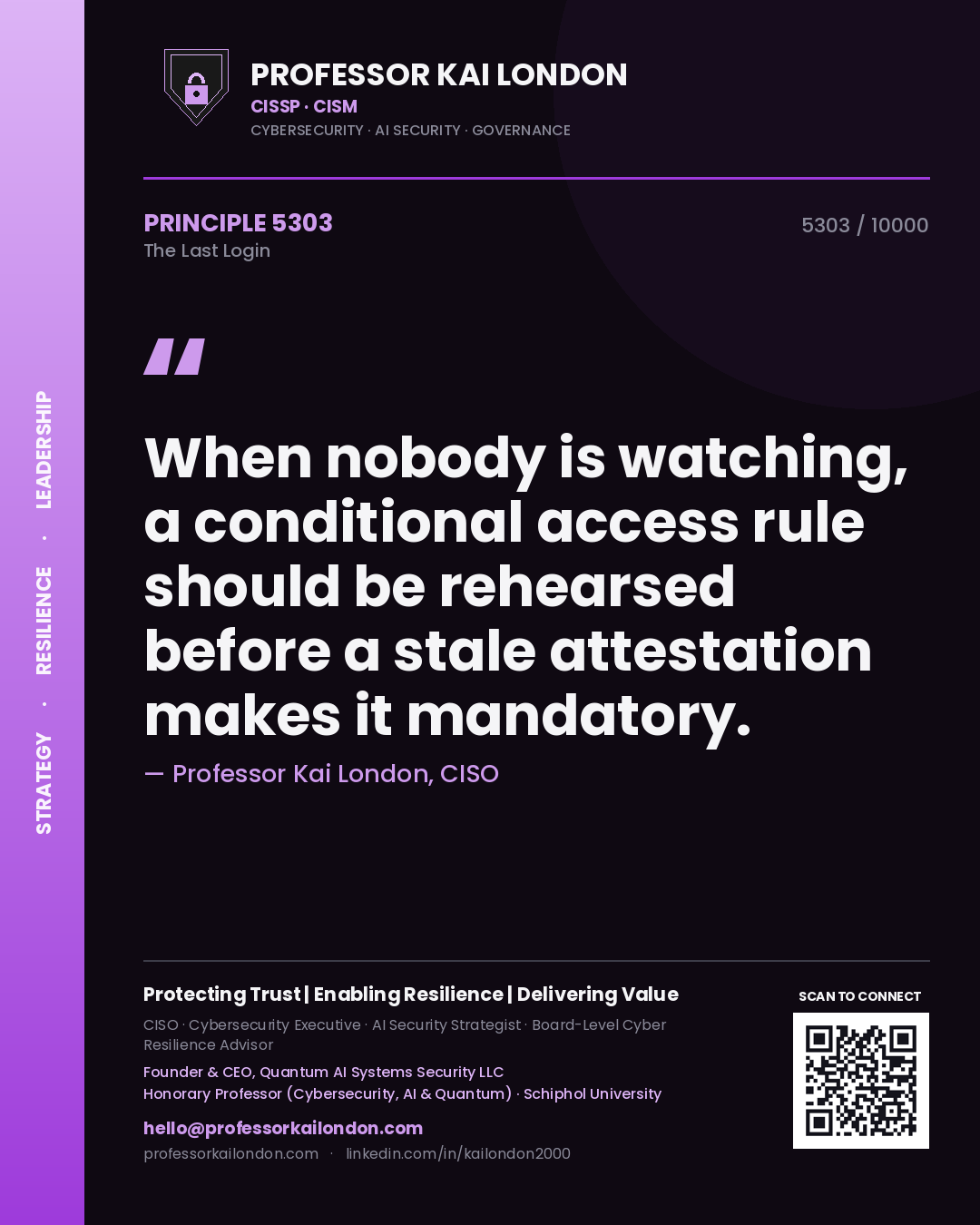 Professor Kai London principle 5303: When nobody is watching, a conditional access rule should be rehearsed before a stale attestation makes it mandatory.