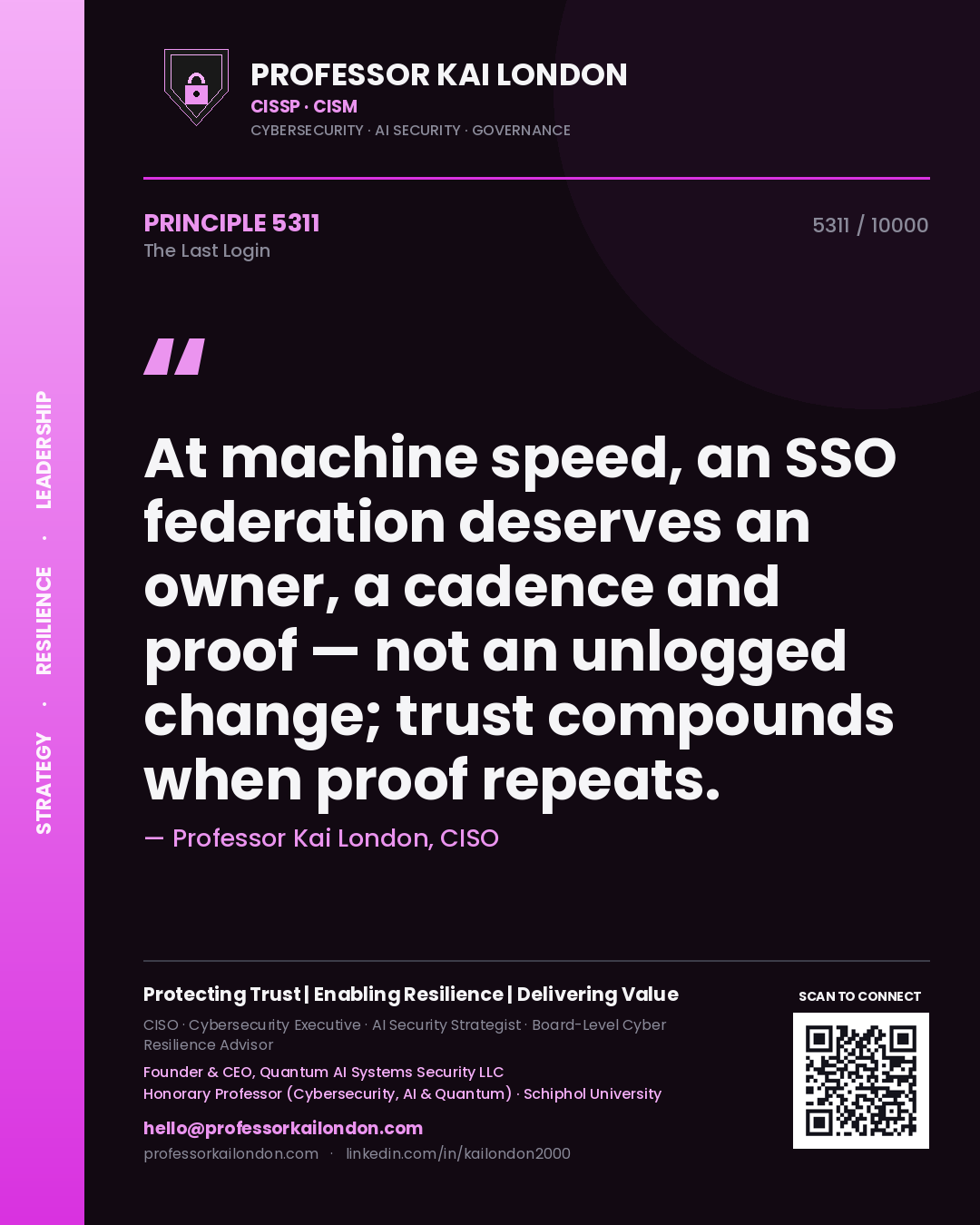 Professor Kai London principle 5311: At machine speed, an SSO federation deserves an owner, a cadence and proof — not an unlogged change; trust compounds when proof repeats.