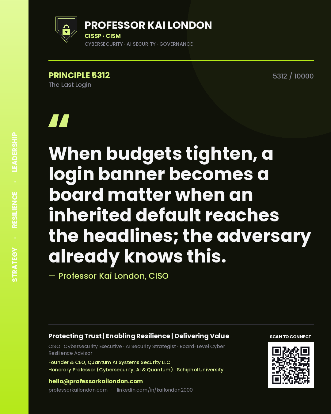 Quote card by Professor Kai London reading 'When budgets tighten, a login banner becomes a board matter when an inherited default reaches the headlines; the adversary already knows this.'. From the book The Last Login.