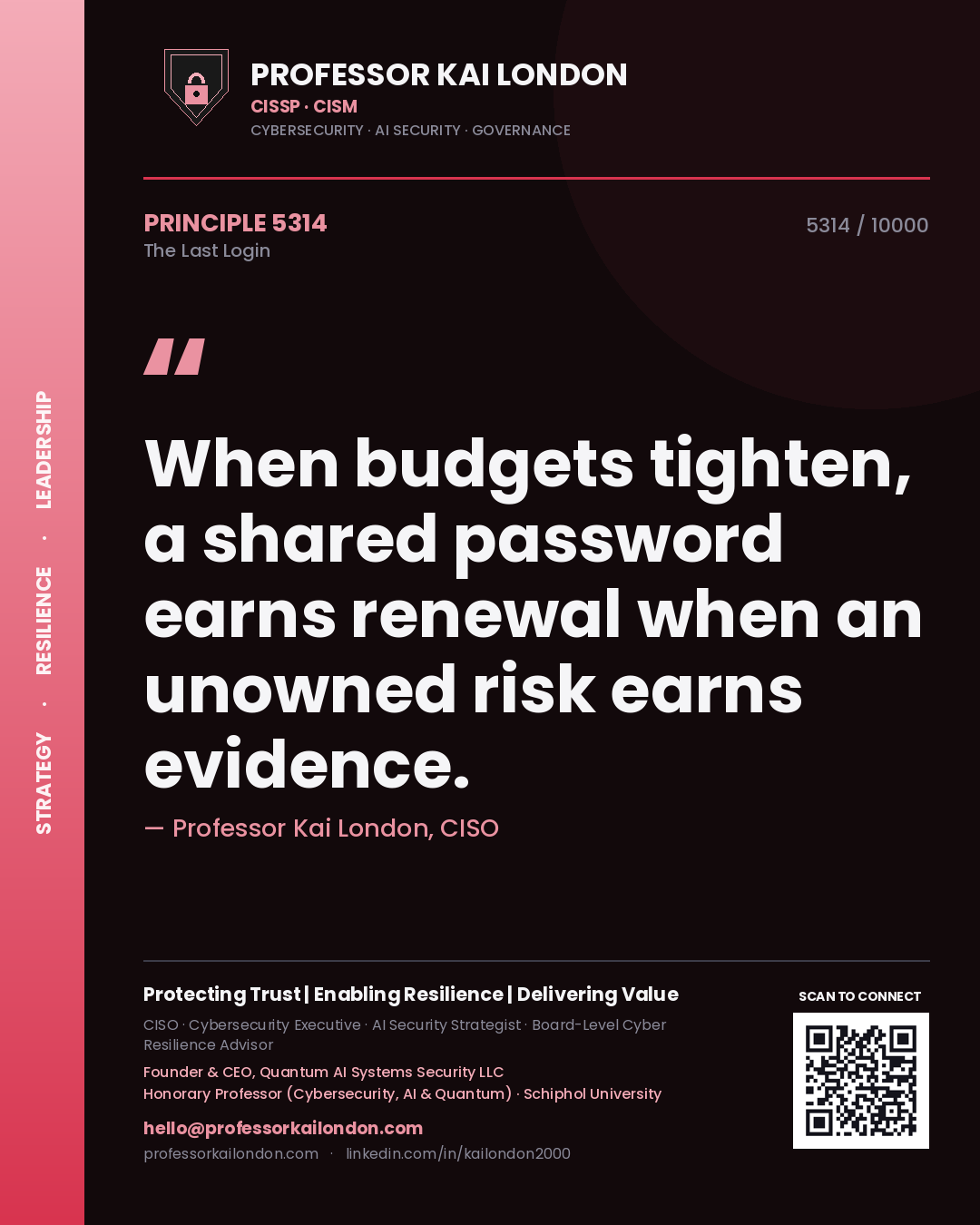 Professor Kai London principle 5314: When budgets tighten, a shared password earns renewal when an unowned risk earns evidence.