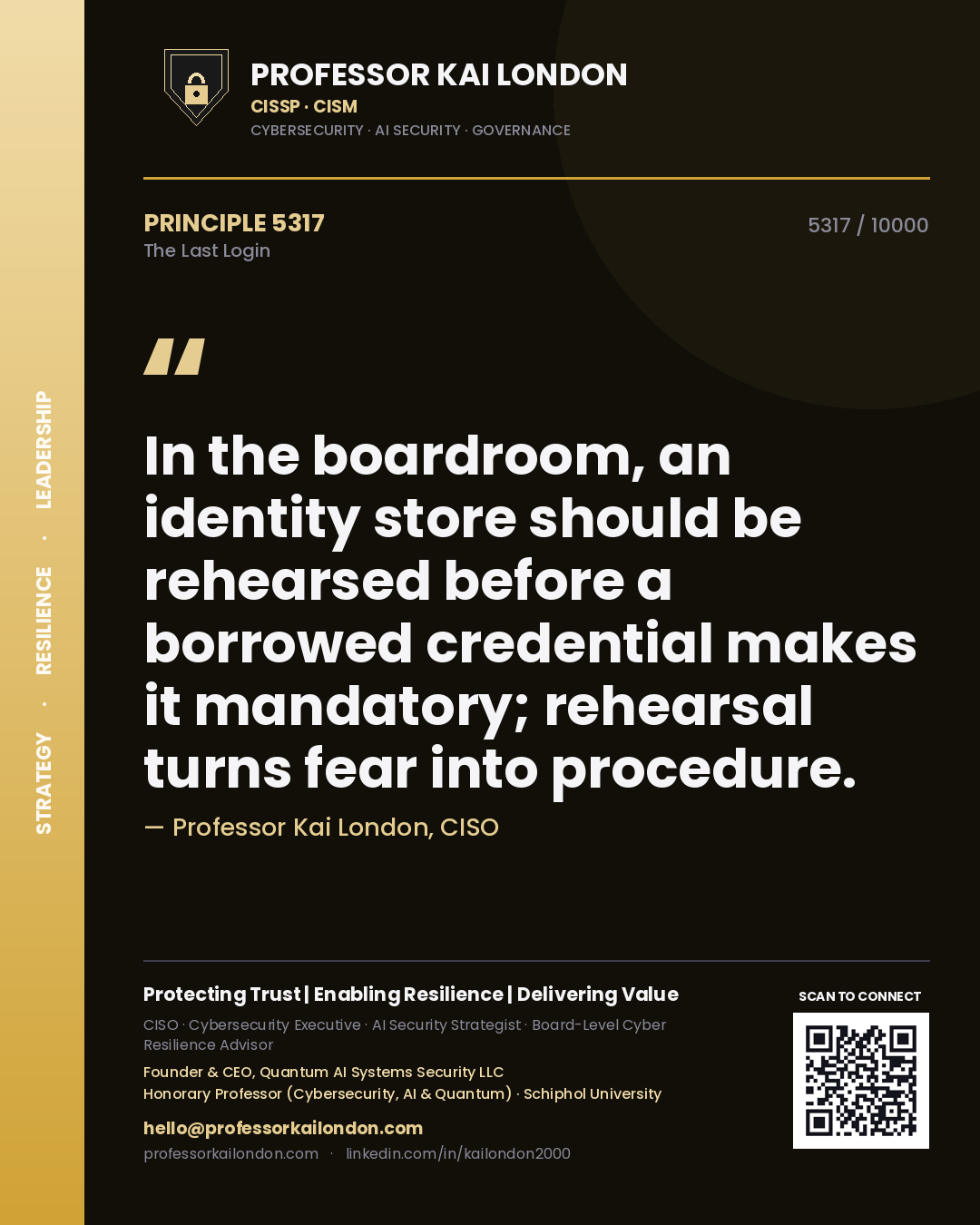 Quote card by Professor Kai London reading 'In the boardroom, an identity store should be rehearsed before a borrowed credential makes it mandatory; rehearsal turns fear into procedure.'. From the book The Last Login.
