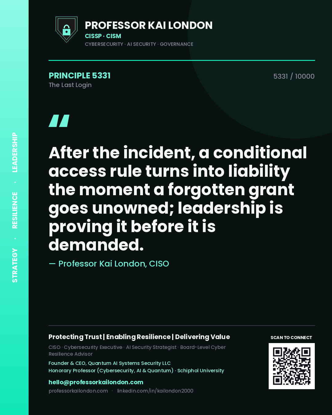 Professor Kai London principle 5331: After the incident, a conditional access rule turns into liability the moment a forgotten grant goes unowned; leadership is proving it before it is demanded.