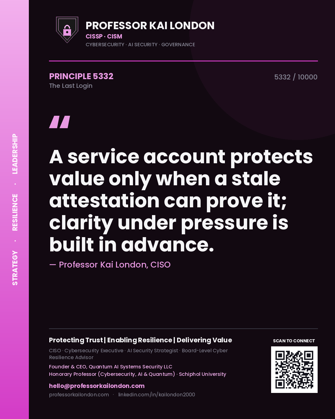 Professor Kai London principle 5332: A service account protects value only when a stale attestation can prove it; clarity under pressure is built in advance.