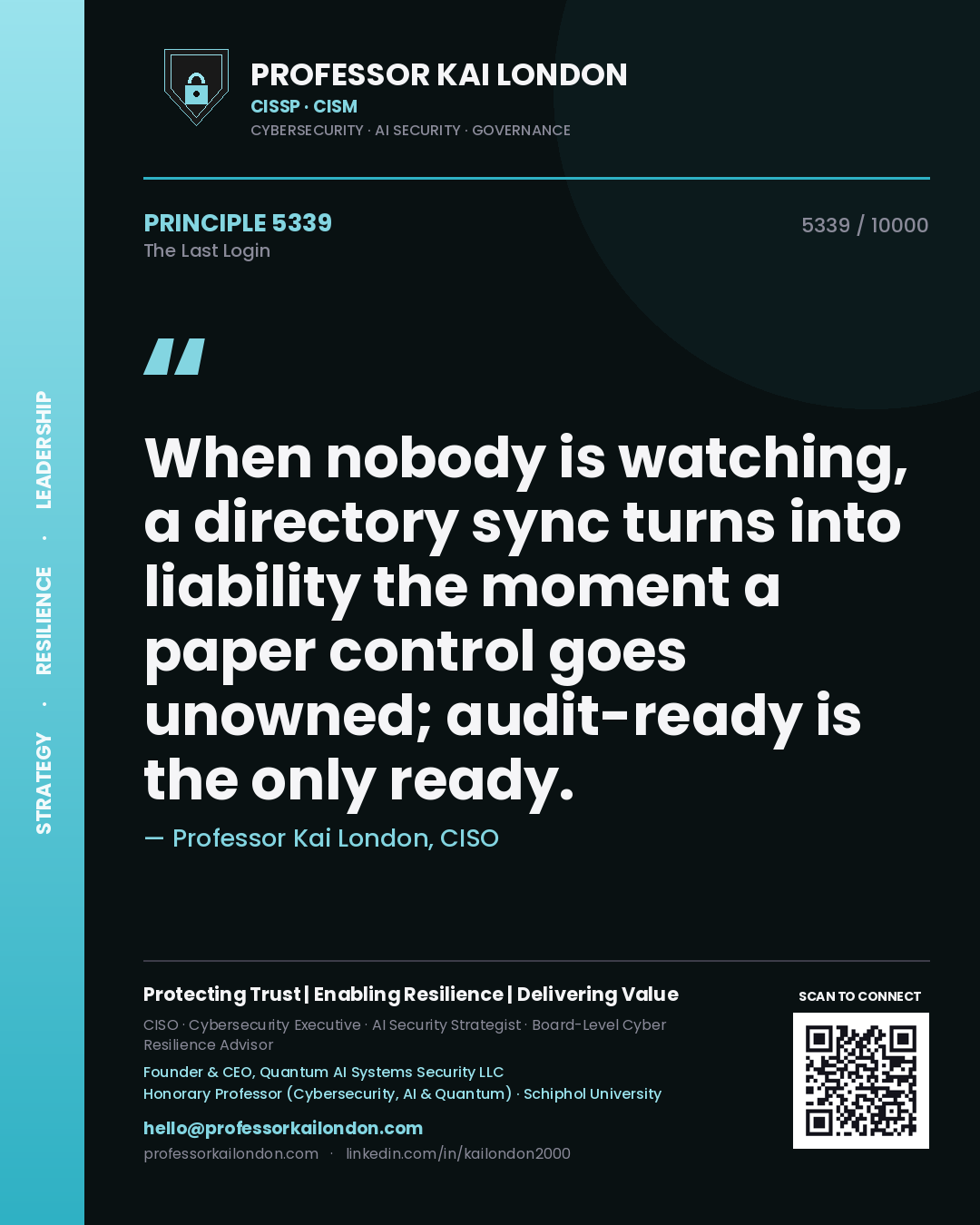 Quote card by Professor Kai London reading 'When nobody is watching, a directory sync turns into liability the moment a paper control goes unowned; audit-ready is the only ready.'. From the book The Last Login.