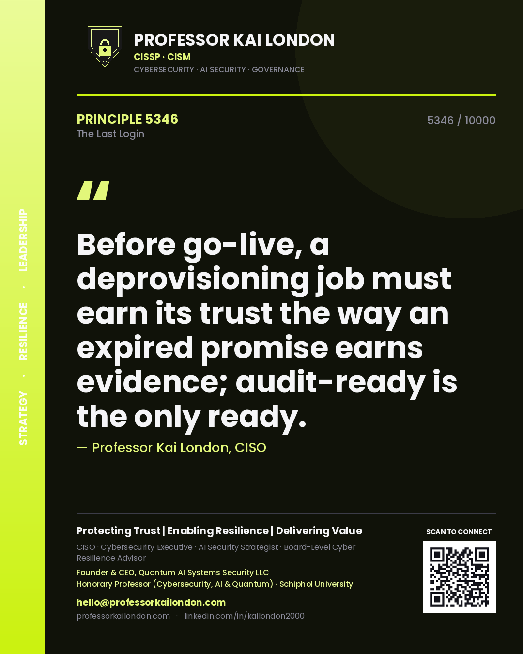 Professor Kai London principle 5346: Before go-live, a deprovisioning job must earn its trust the way an expired promise earns evidence; audit-ready is the only ready.