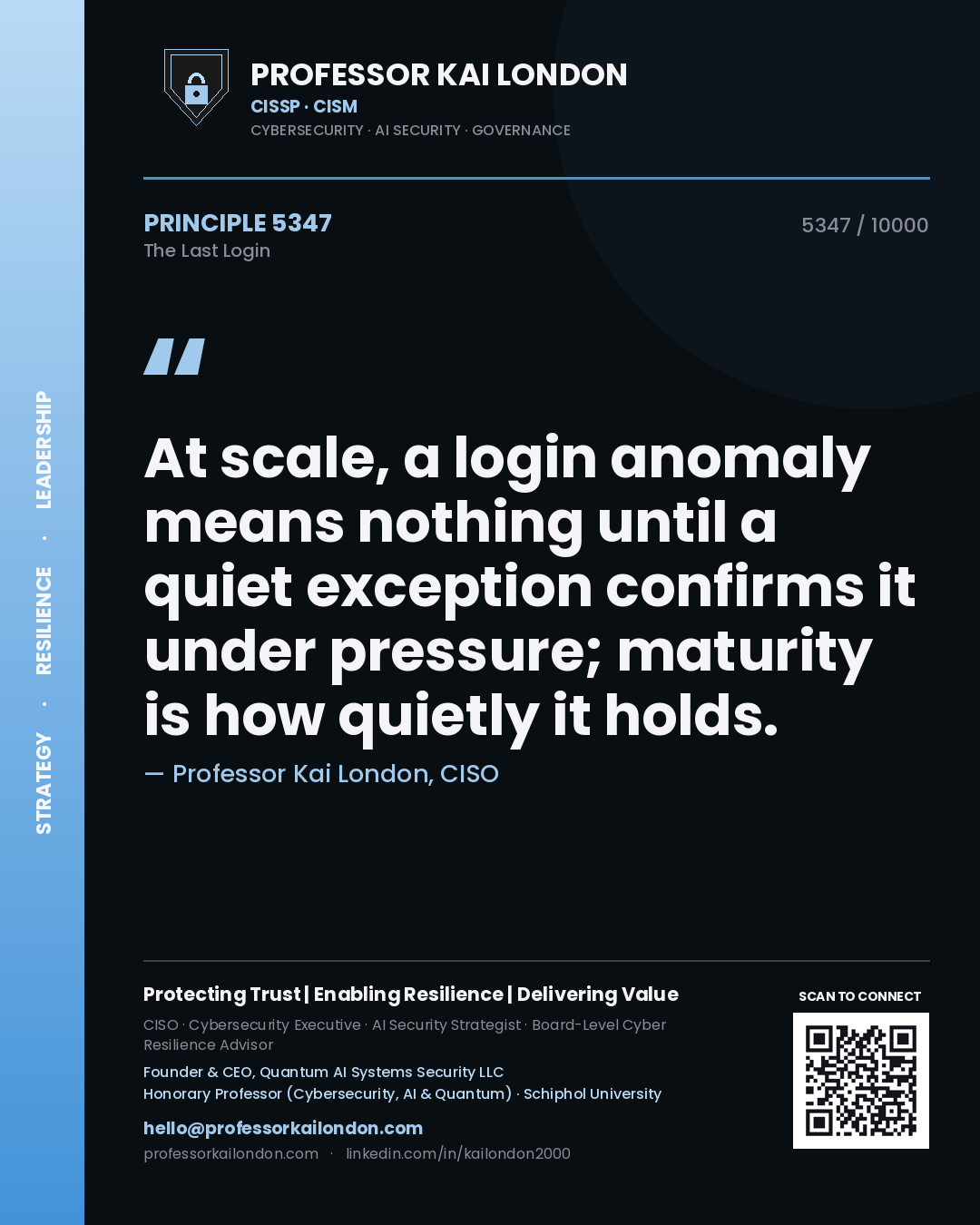 Quote card by Professor Kai London reading 'At scale, a login anomaly means nothing until a quiet exception confirms it under pressure; maturity is how quietly it holds.'. From the book The Last Login.