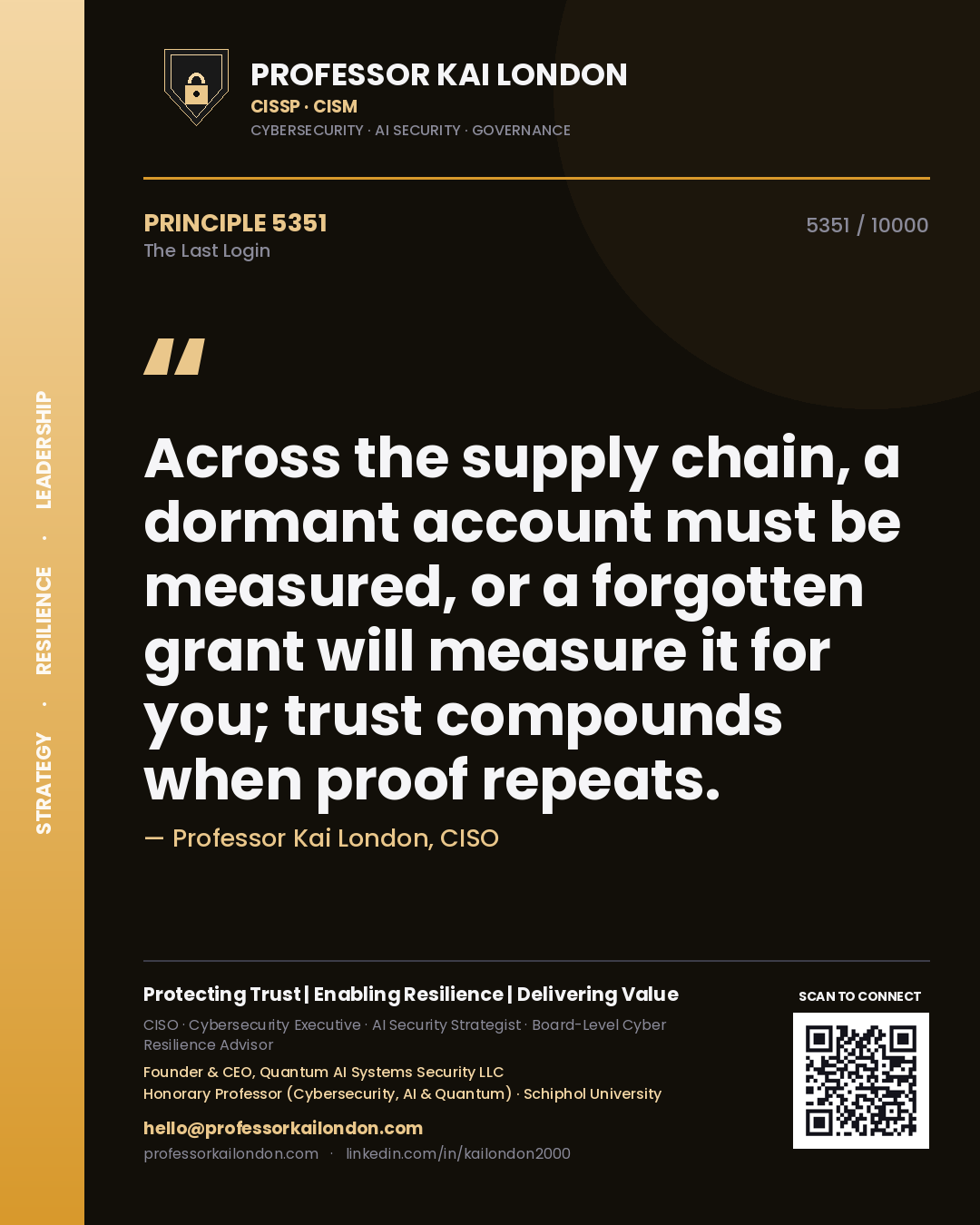 Professor Kai London principle 5351: Across the supply chain, a dormant account must be measured, or a forgotten grant will measure it for you; trust compounds when proof repeats.
