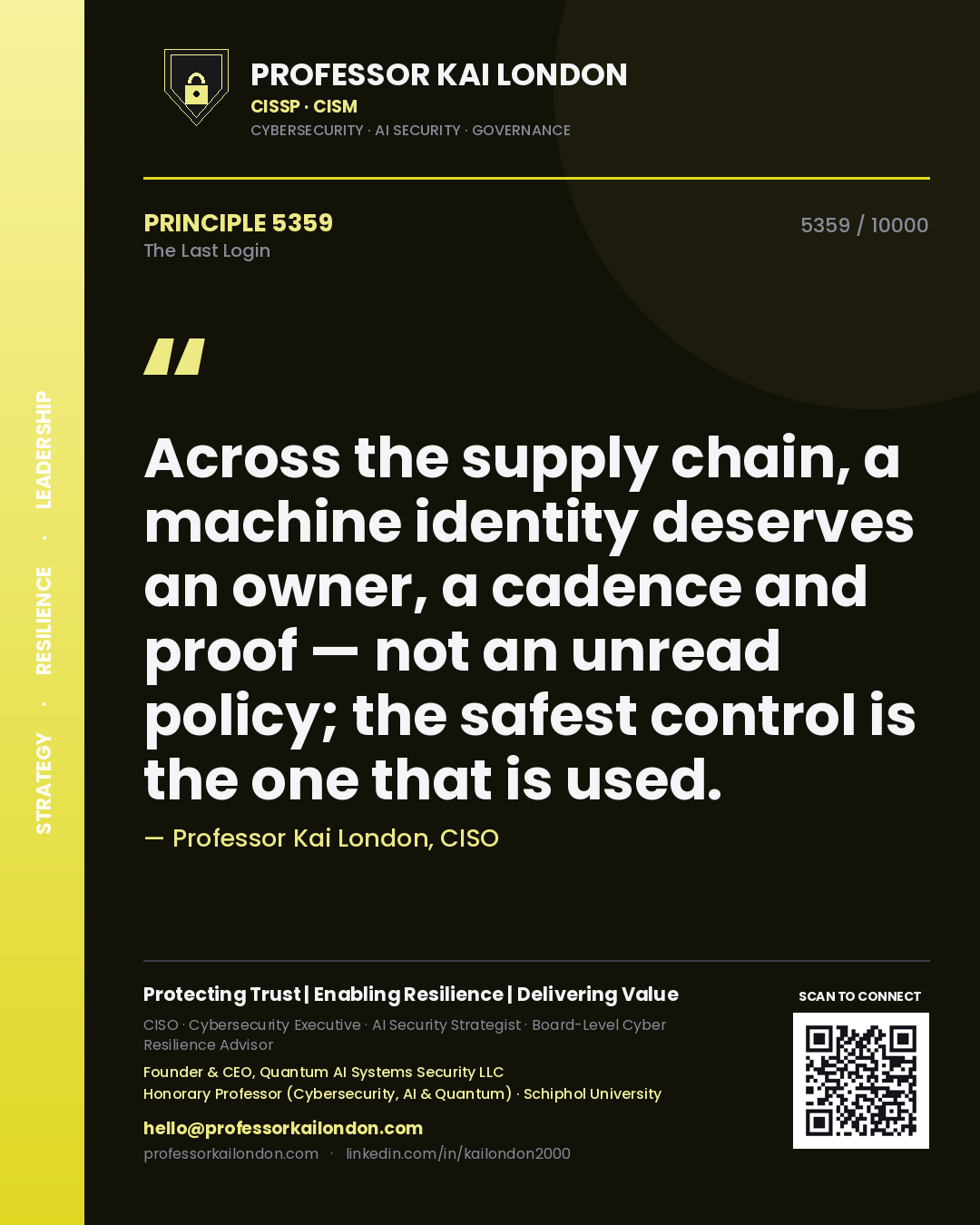 Professor Kai London principle 5359: Across the supply chain, a machine identity deserves an owner, a cadence and proof — not an unread policy; the safest control is the one that is used.
