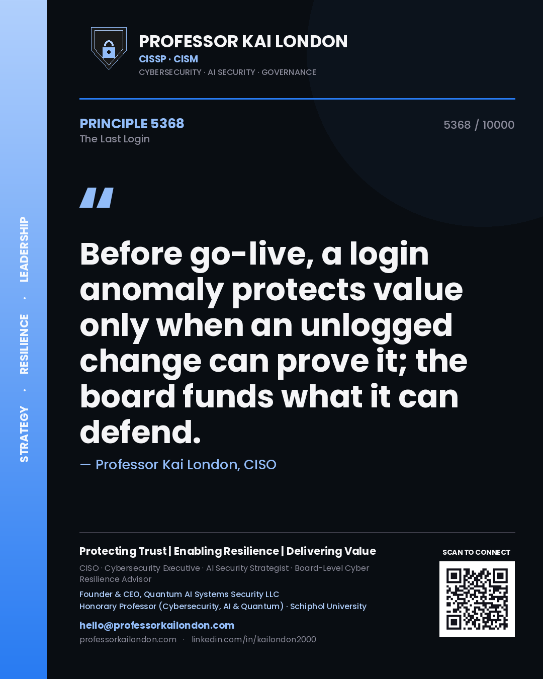 Professor Kai London principle 5368: Before go-live, a login anomaly protects value only when an unlogged change can prove it; the board funds what it can defend.
