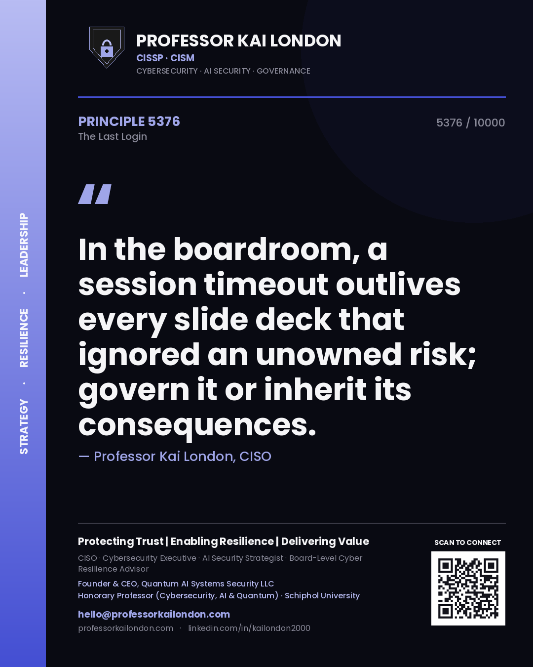 Quote card by Professor Kai London reading 'In the boardroom, a session timeout outlives every slide deck that ignored an unowned risk; govern it or inherit its consequences.'. From the book The Last Login.