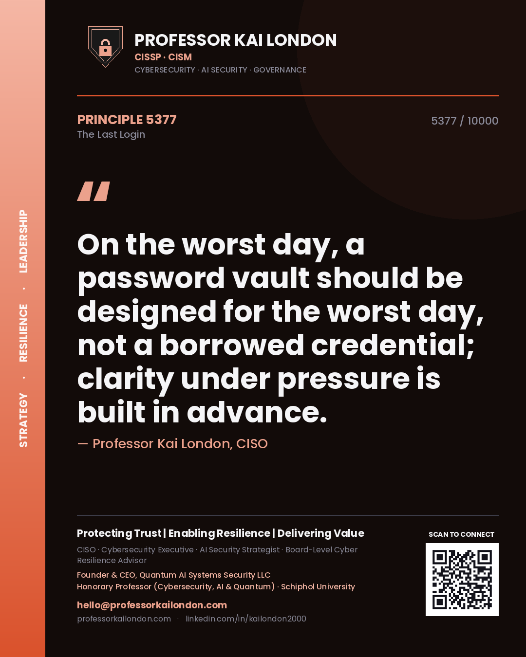 Professor Kai London principle 5377: On the worst day, a password vault should be designed for the worst day, not a borrowed credential; clarity under pressure is built in advance.