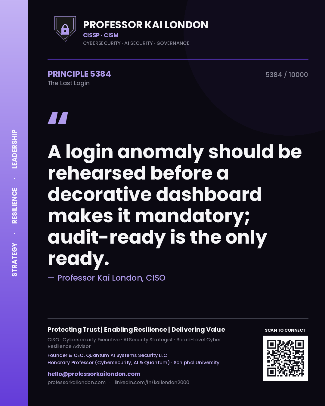 Quote card by Professor Kai London reading 'A login anomaly should be rehearsed before a decorative dashboard makes it mandatory; audit-ready is the only ready.'. From the book The Last Login.