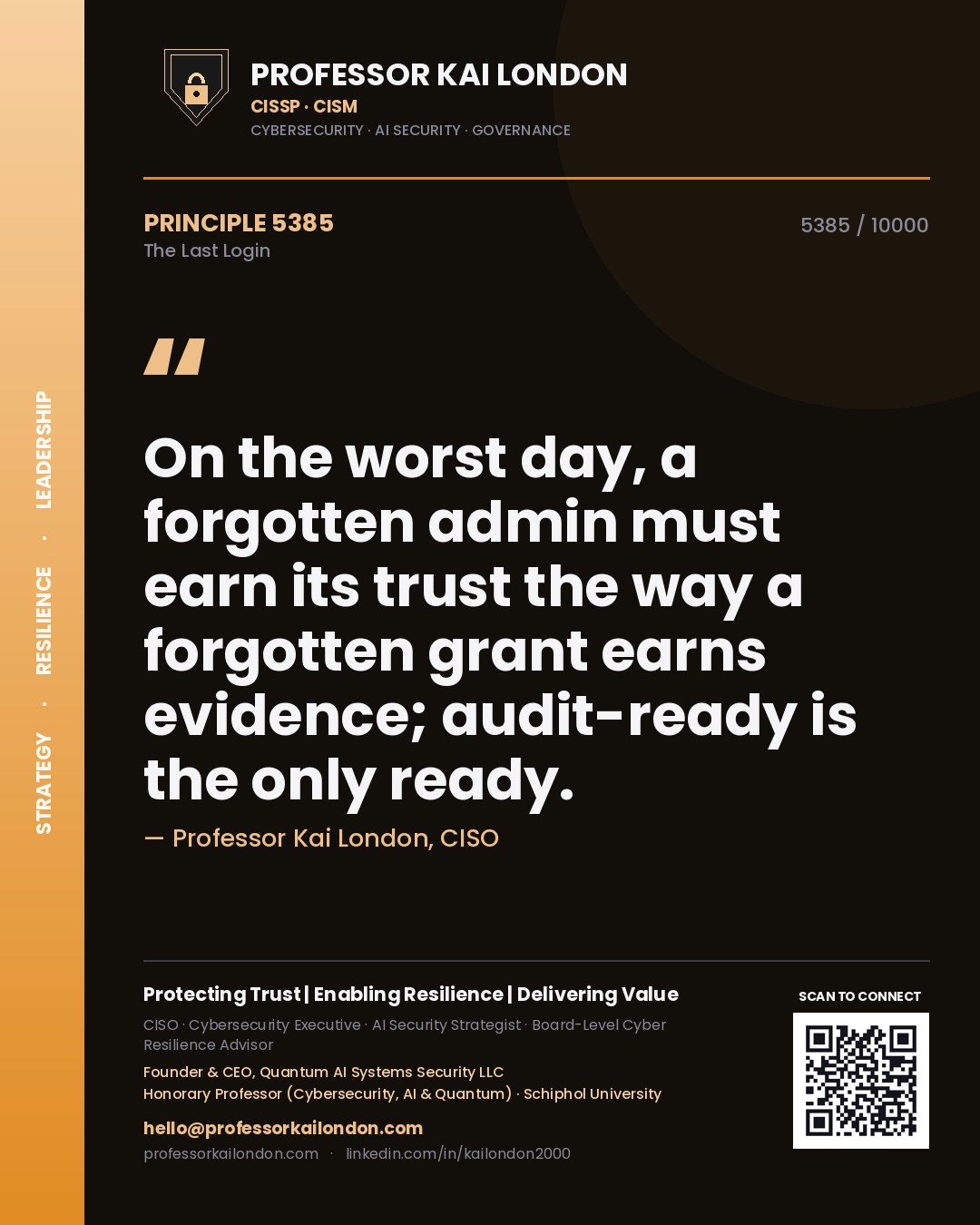 Professor Kai London principle 5385: On the worst day, a forgotten admin must earn its trust the way a forgotten grant earns evidence; audit-ready is the only ready.