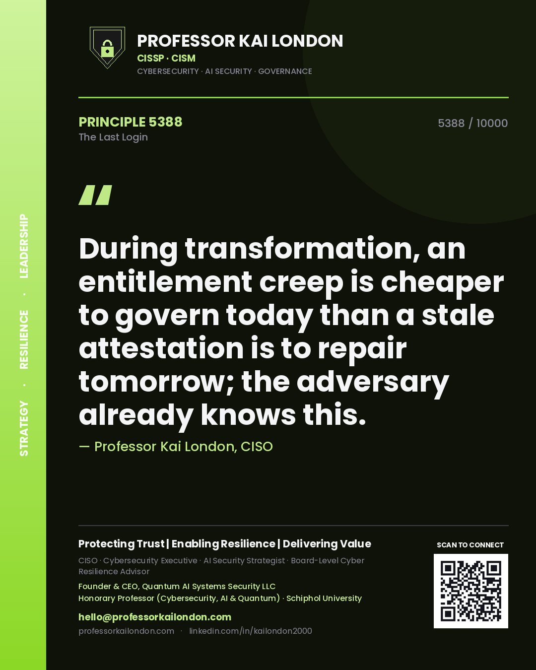 Professor Kai London principle 5388: During transformation, an entitlement creep is cheaper to govern today than a stale attestation is to repair tomorrow; the adversary already knows this.