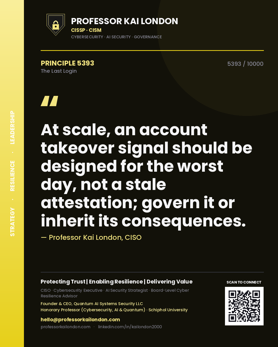 Professor Kai London principle 5393: At scale, an account takeover signal should be designed for the worst day, not a stale attestation; govern it or inherit its consequences.