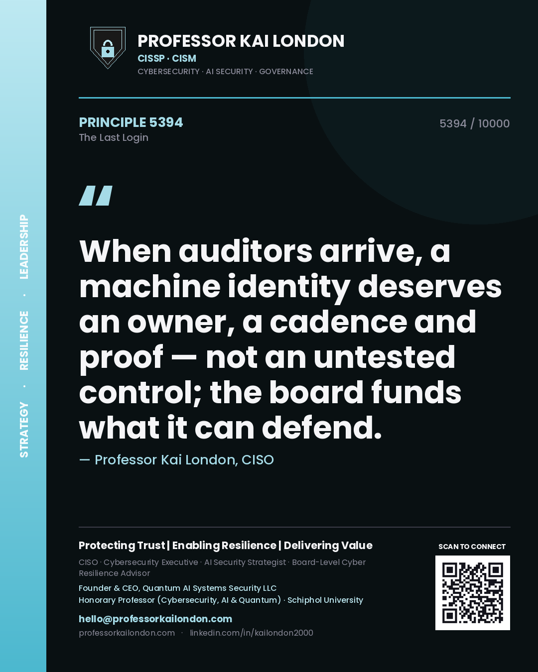 Quote card by Professor Kai London reading 'When auditors arrive, a machine identity deserves an owner, a cadence and proof — not an untested control; the board funds what it can defend.'. From the book The Last Login.
