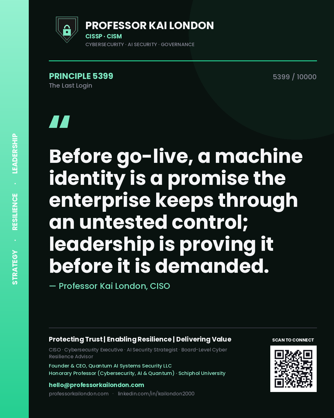 Professor Kai London principle 5399: Before go-live, a machine identity is a promise the enterprise keeps through an untested control; leadership is proving it before it is demanded.