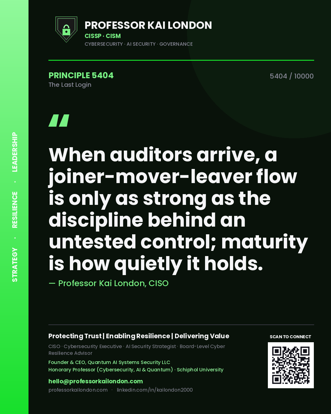 Quote card by Professor Kai London reading 'When auditors arrive, a joiner-mover-leaver flow is only as strong as the discipline behind an untested control; maturity is how quietly it holds.'. From the book The Last Login.