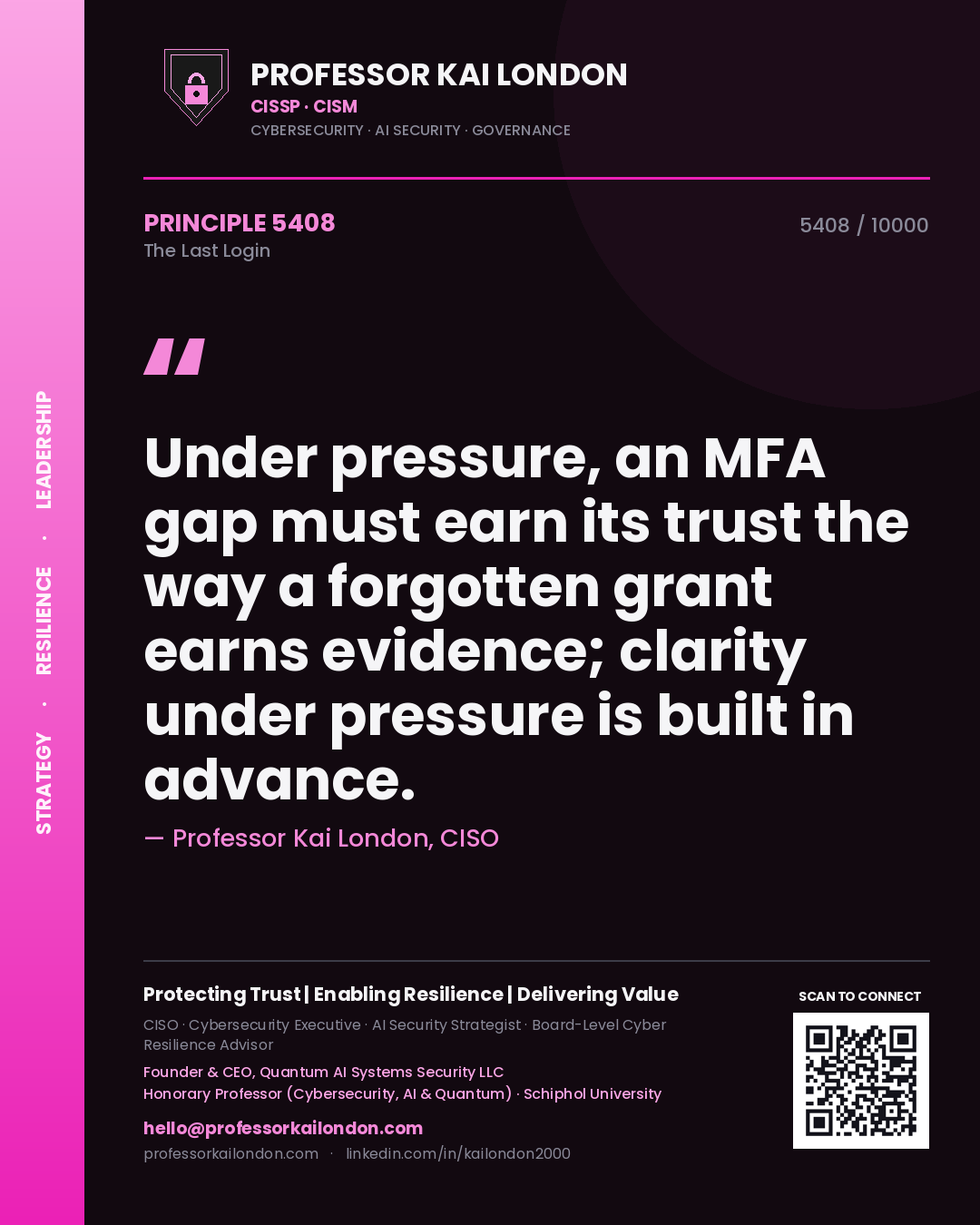 Professor Kai London principle 5408: Under pressure, an MFA gap must earn its trust the way a forgotten grant earns evidence; clarity under pressure is built in advance.