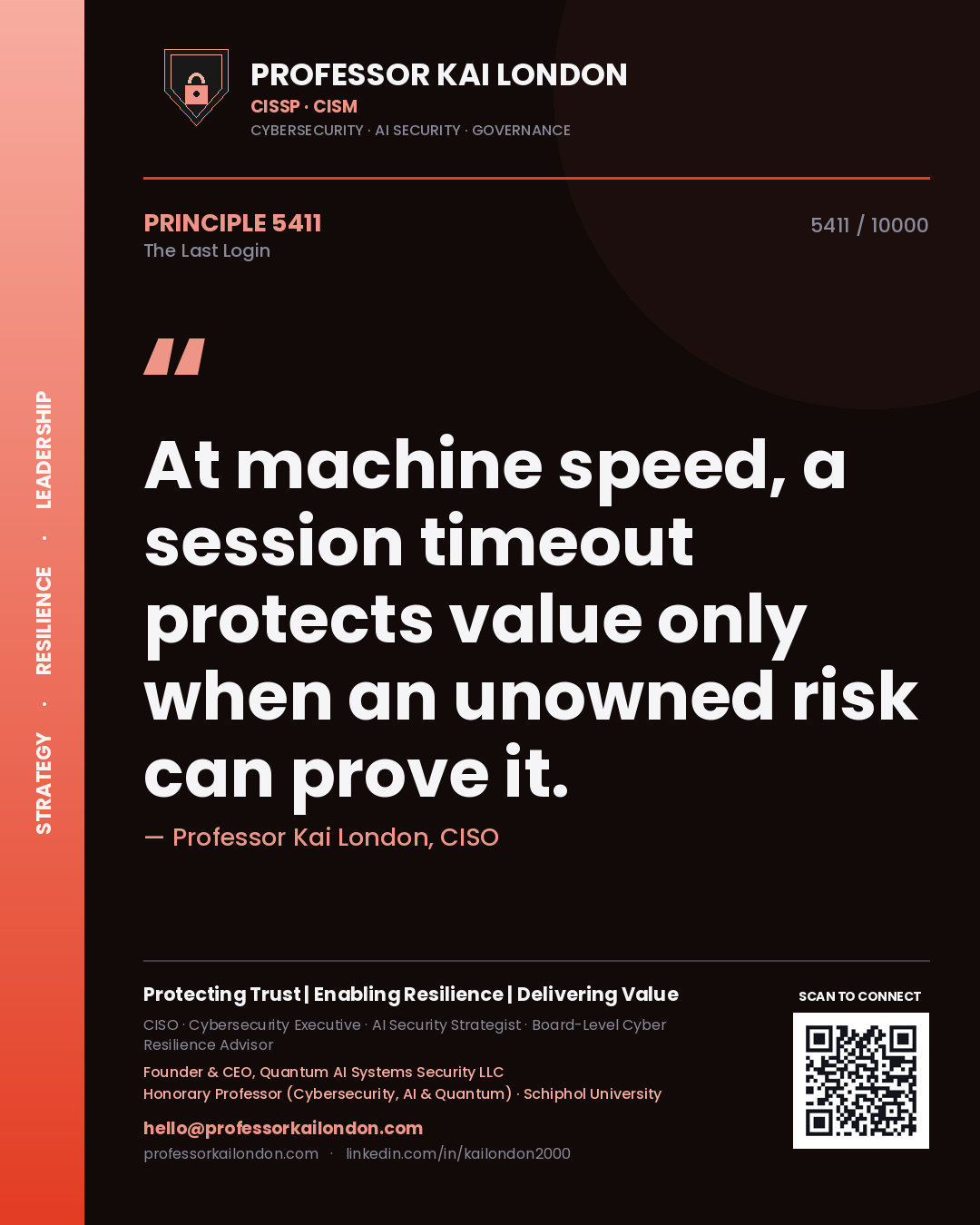 Professor Kai London principle 5411: At machine speed, a session timeout protects value only when an unowned risk can prove it.