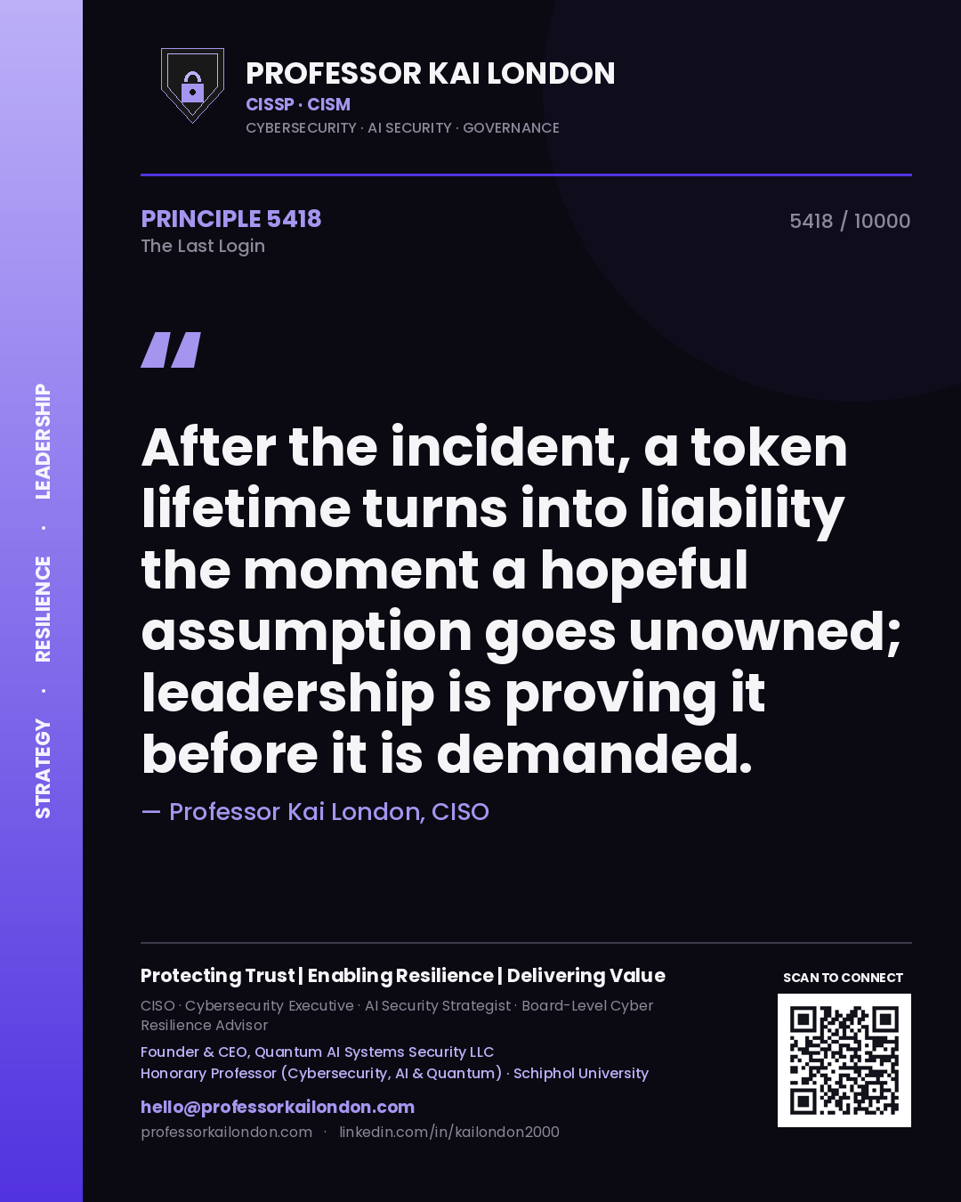 Professor Kai London principle 5418: After the incident, a token lifetime turns into liability the moment a hopeful assumption goes unowned; leadership is proving it before it is demanded.