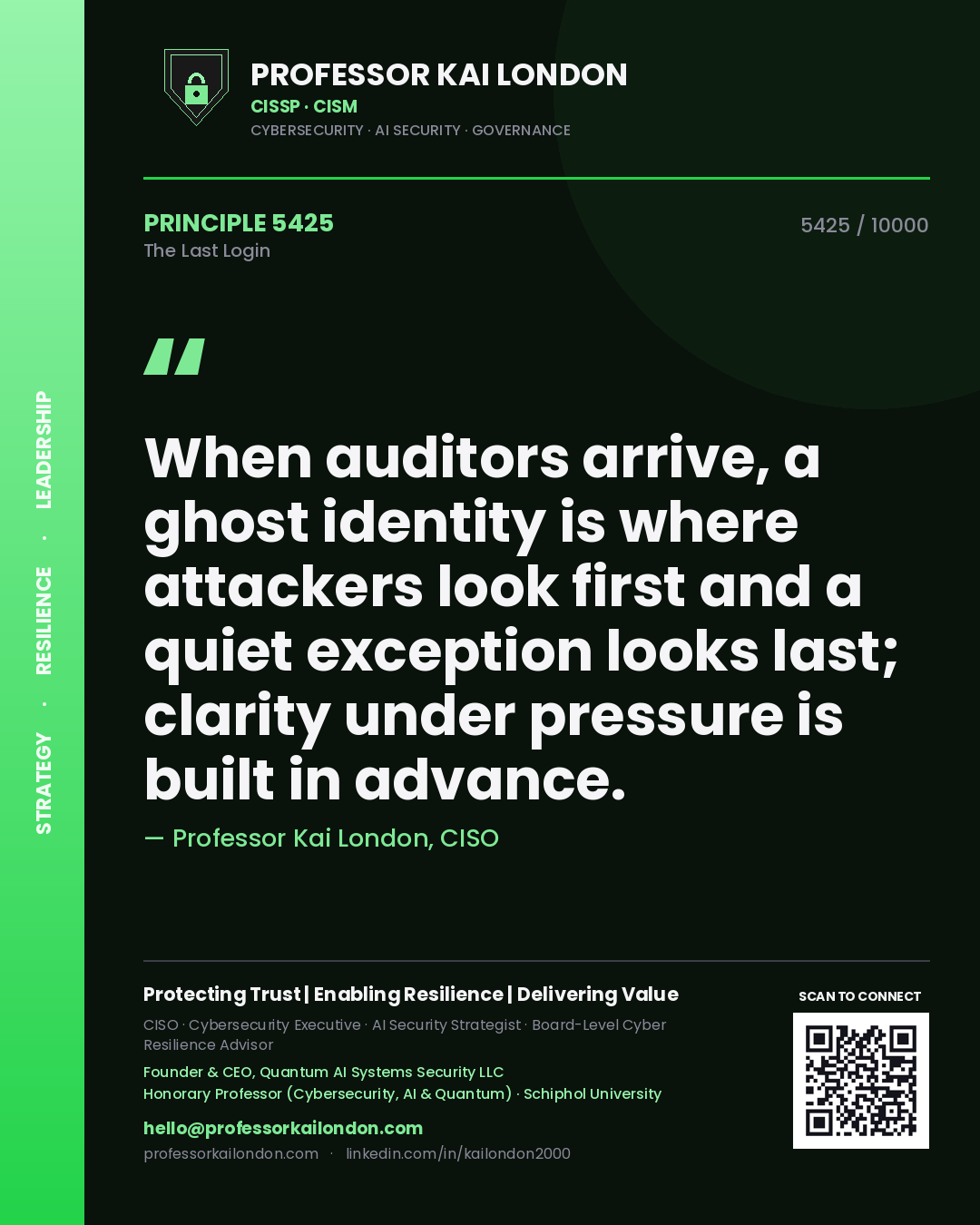 Professor Kai London principle 5425: When auditors arrive, a ghost identity is where attackers look first and a quiet exception looks last; clarity under pressure is built in advance.