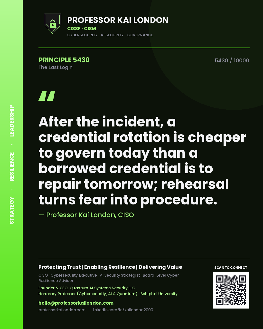 Professor Kai London principle 5430: After the incident, a credential rotation is cheaper to govern today than a borrowed credential is to repair tomorrow; rehearsal turns fear into procedure.