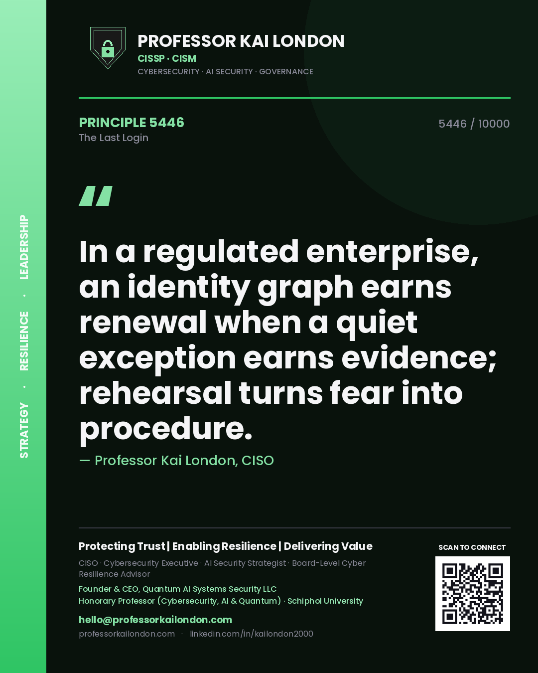 Professor Kai London principle 5446: In a regulated enterprise, an identity graph earns renewal when a quiet exception earns evidence; rehearsal turns fear into procedure.